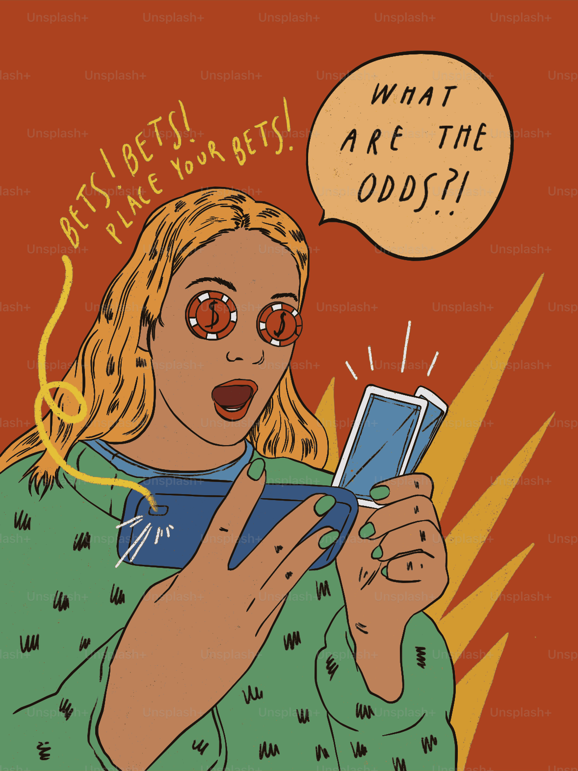 Mulher de desenho animado com olhos de ficha de cassino jogando no celular.