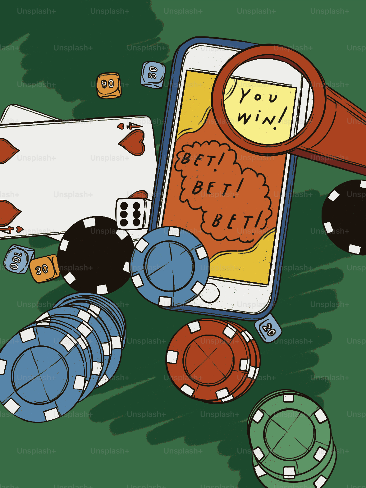 Elementos de jogo em uma superfície verde com telefone.
