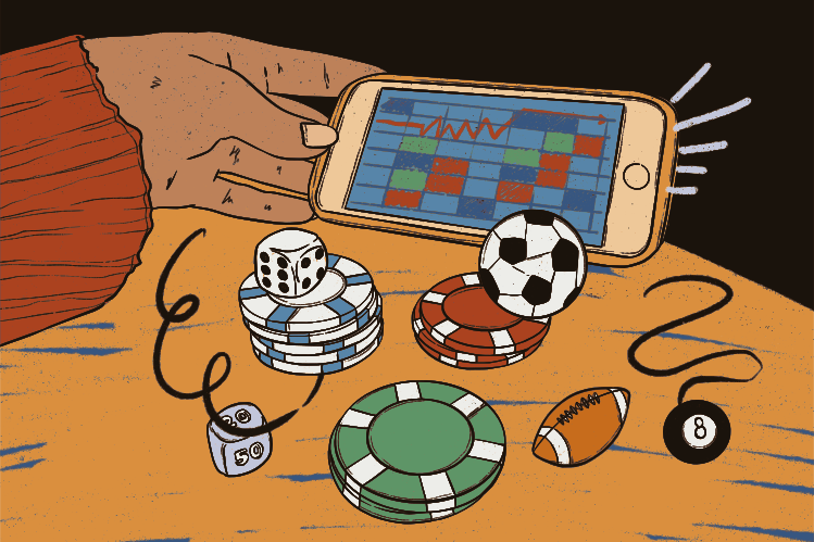 Itens de jogo e smartphone com aplicativo de mercado de ações