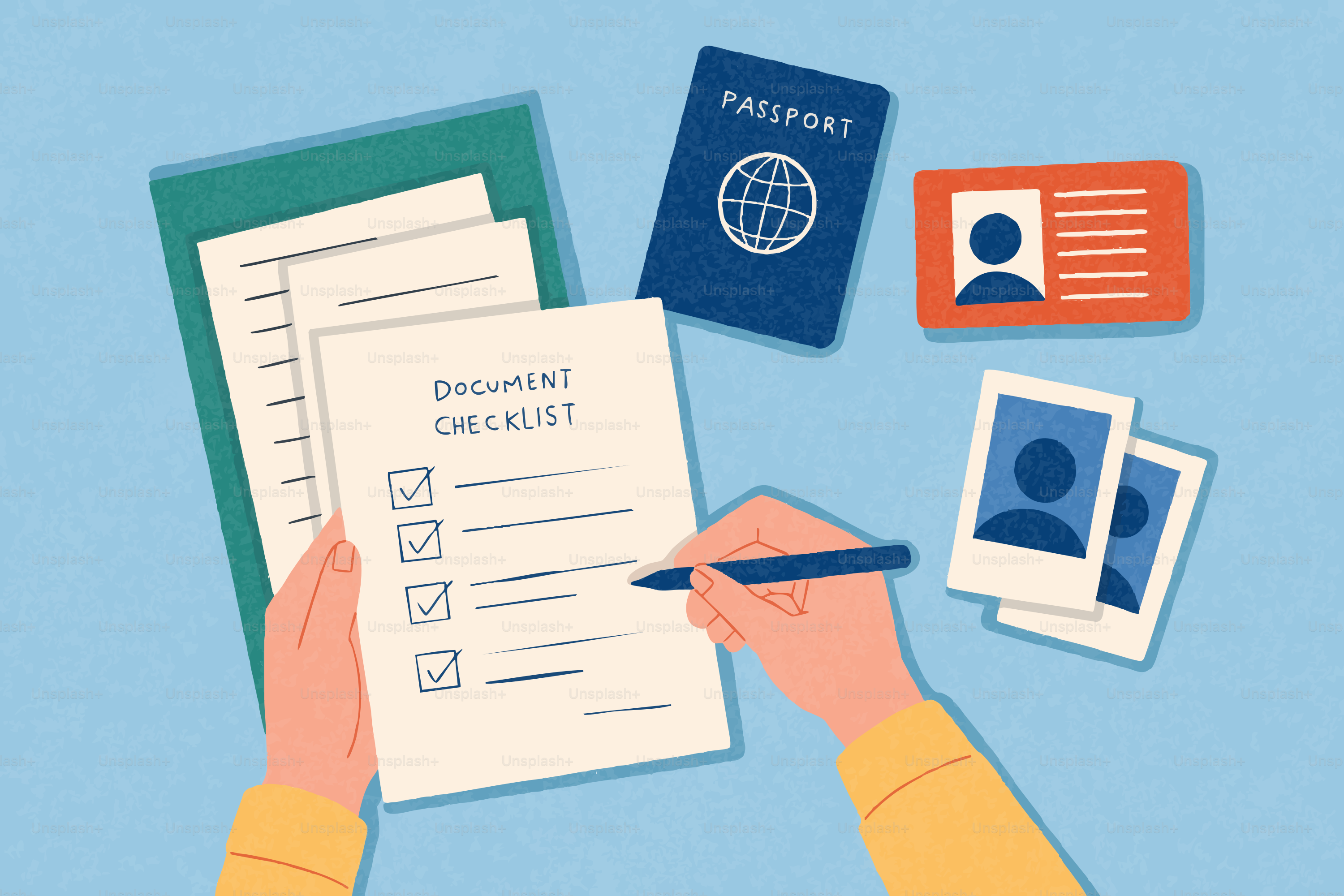 Hands filling out a document checklist with passport and id.