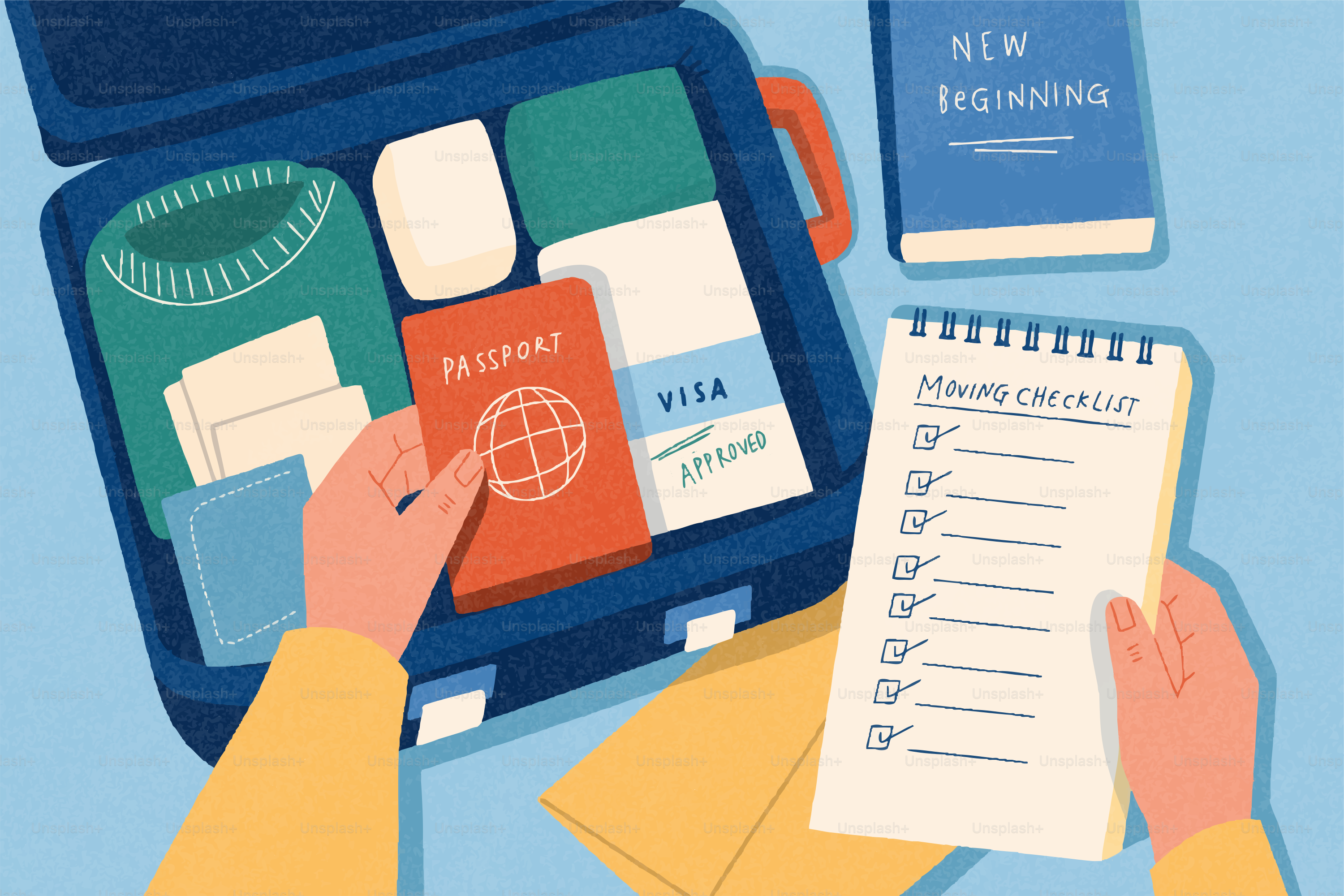 Person, die Koffer mit Reisepass, Visum und Reisecheckliste packt.