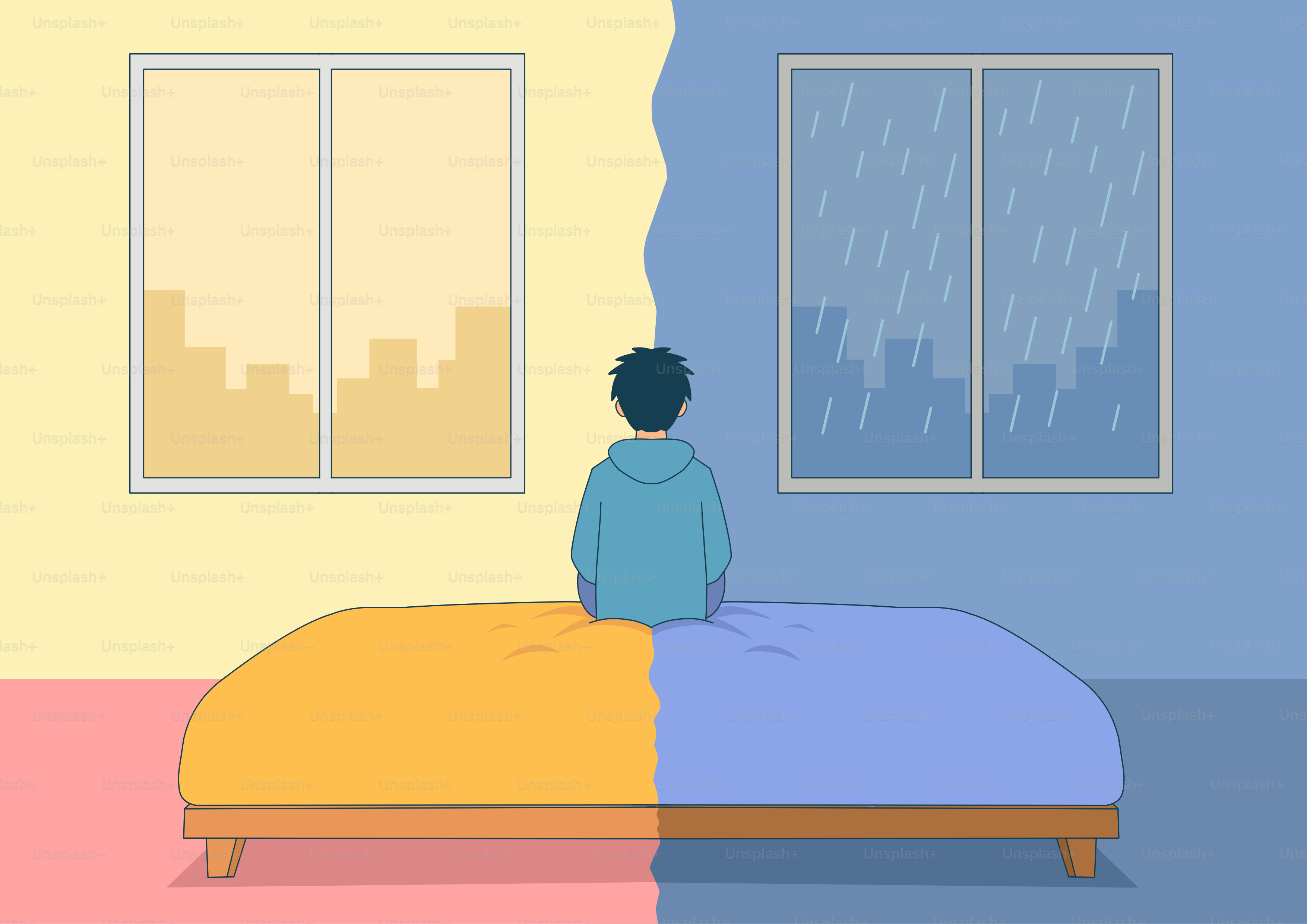 A pessoa senta na cama em um quarto com clima contrastante.