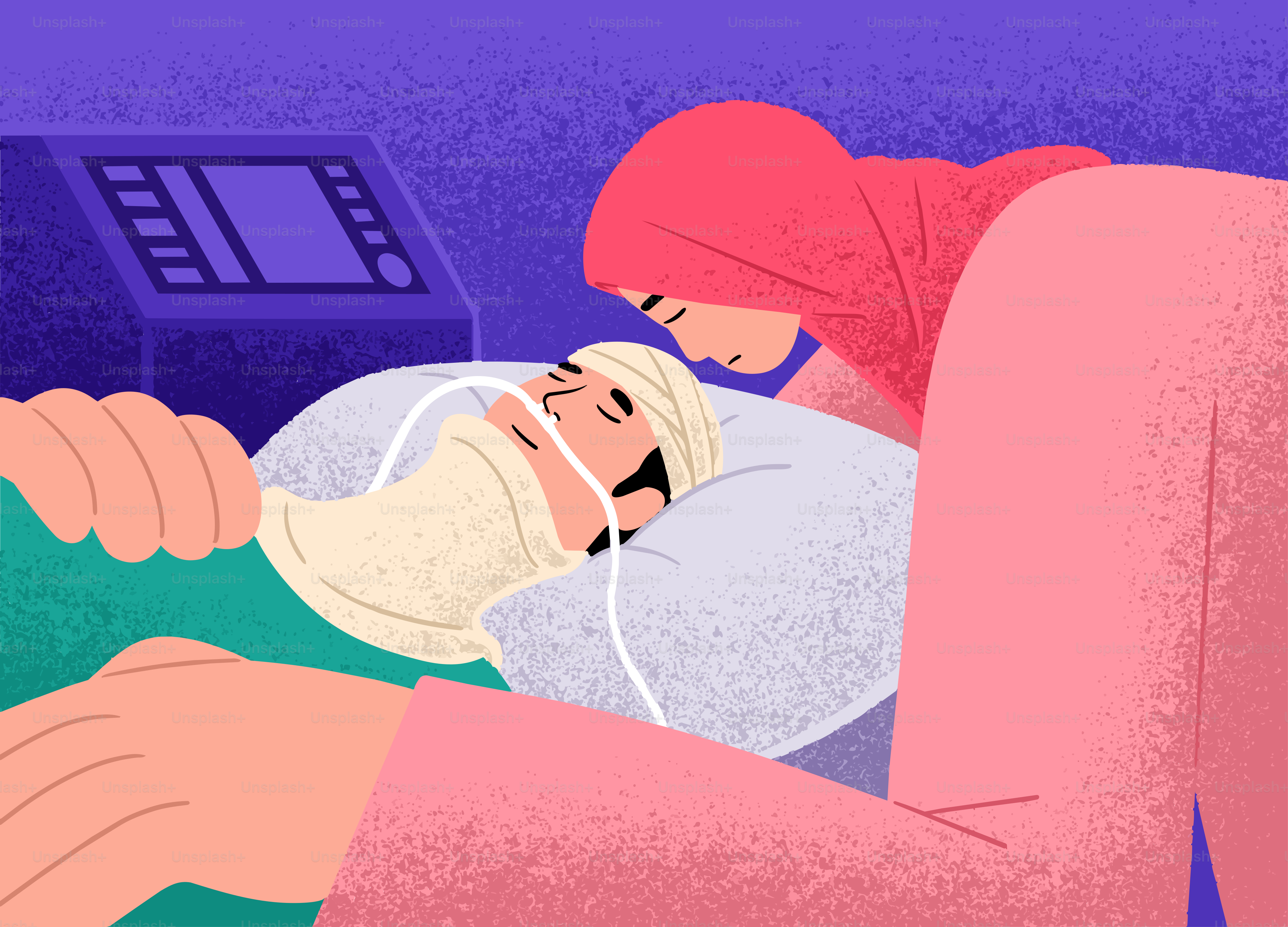 Mulher de hijab confortando um paciente em um ambiente hospitalar.