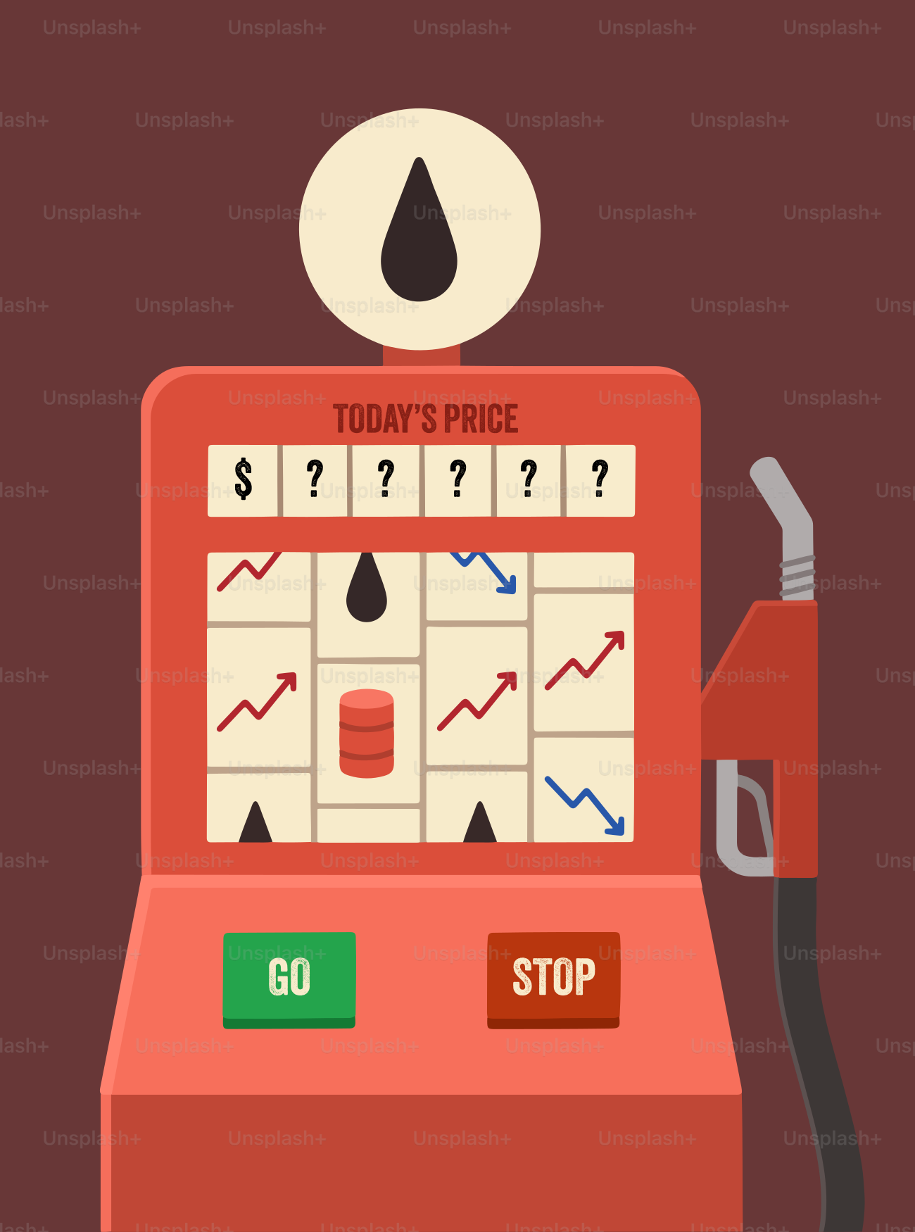 Máquina caça-níqueis da bomba de gasolina mostrando preços do petróleo flutuantes.