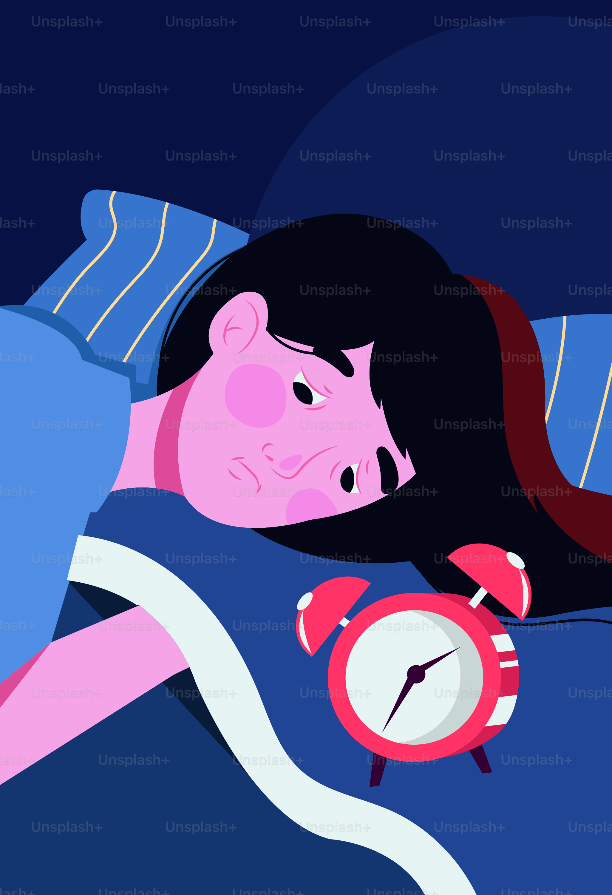 Donna sdraiata a letto con la sveglia di notte