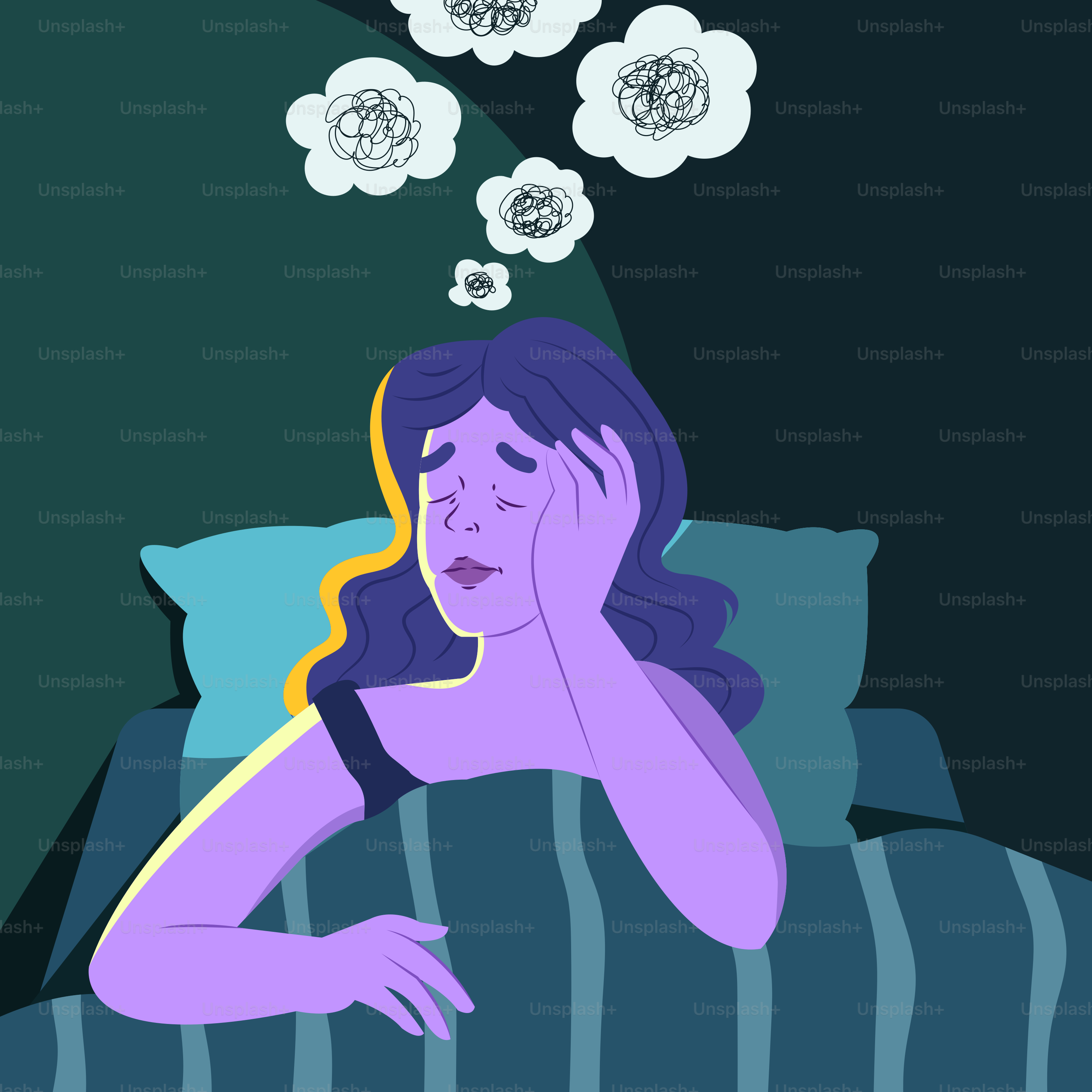 Donna insonne a letto con pensieri intrecciati.