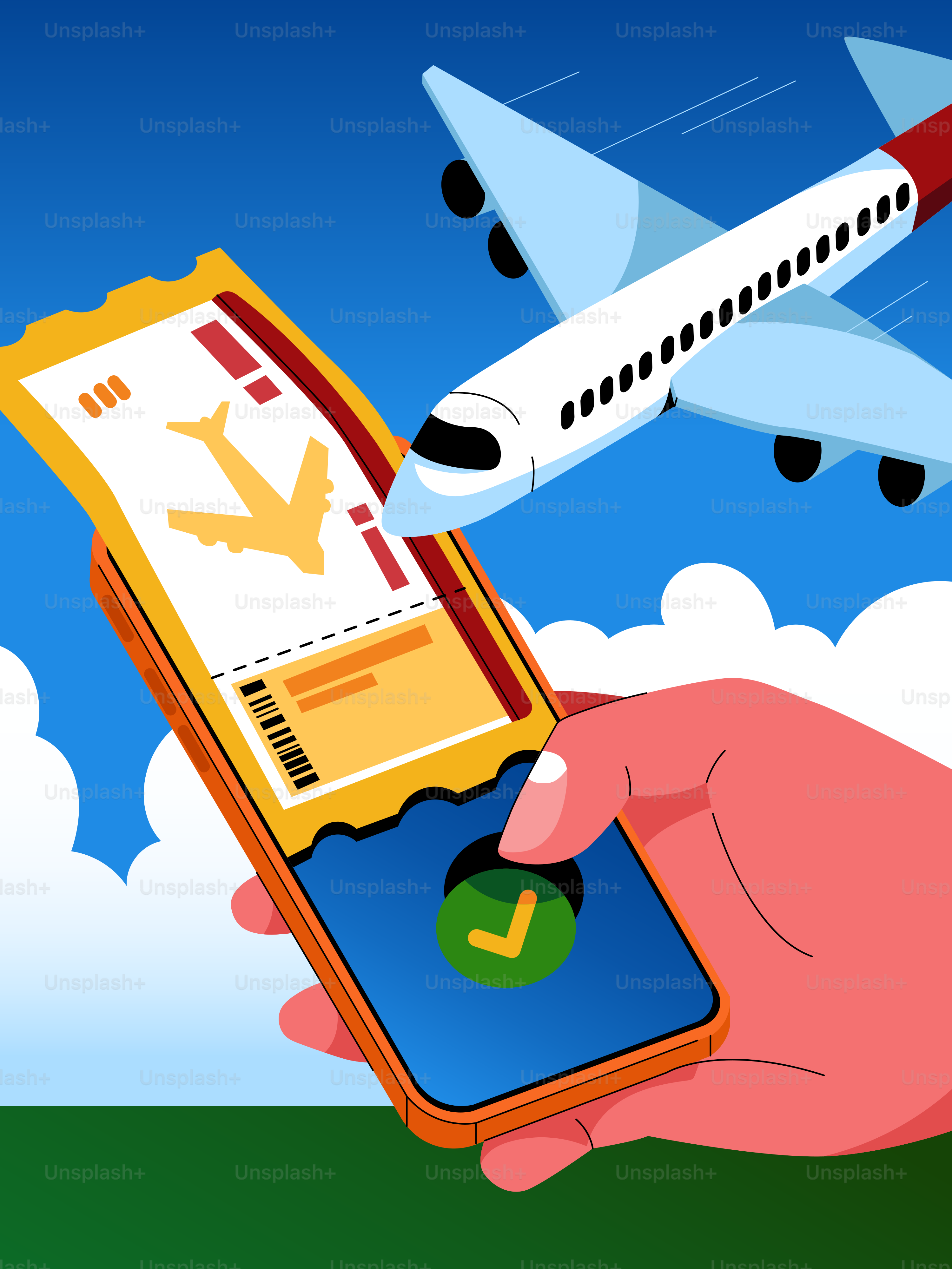 Tenere la mano con il telefono con il biglietto aereo e volare con l'aereo.