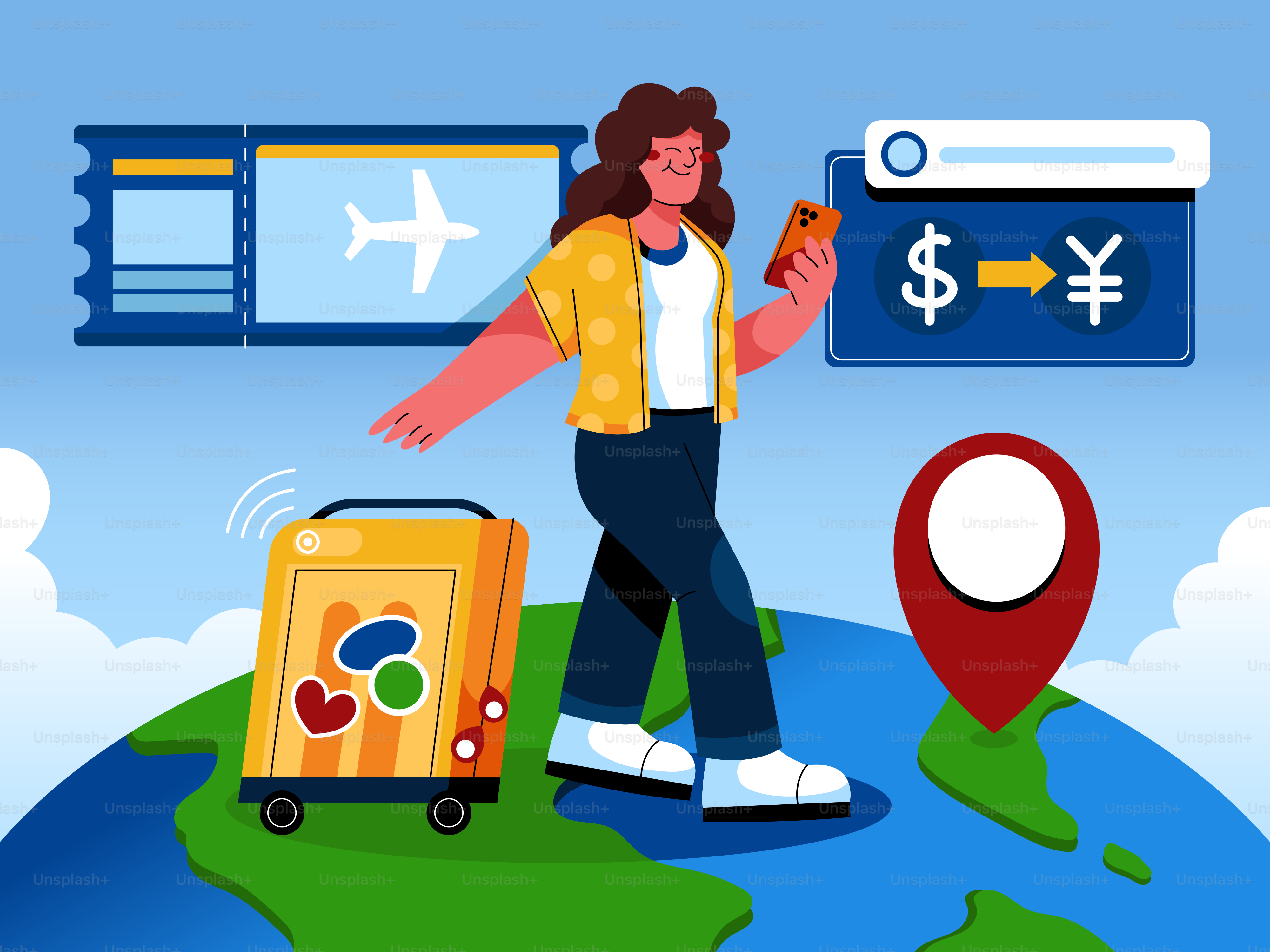 Una persona che viaggia per il mondo con i bagagli, usando un telefono.