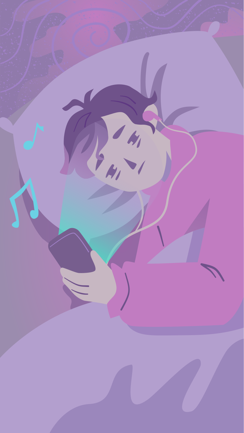 Persona a letto che ascolta musica su uno smartphone.