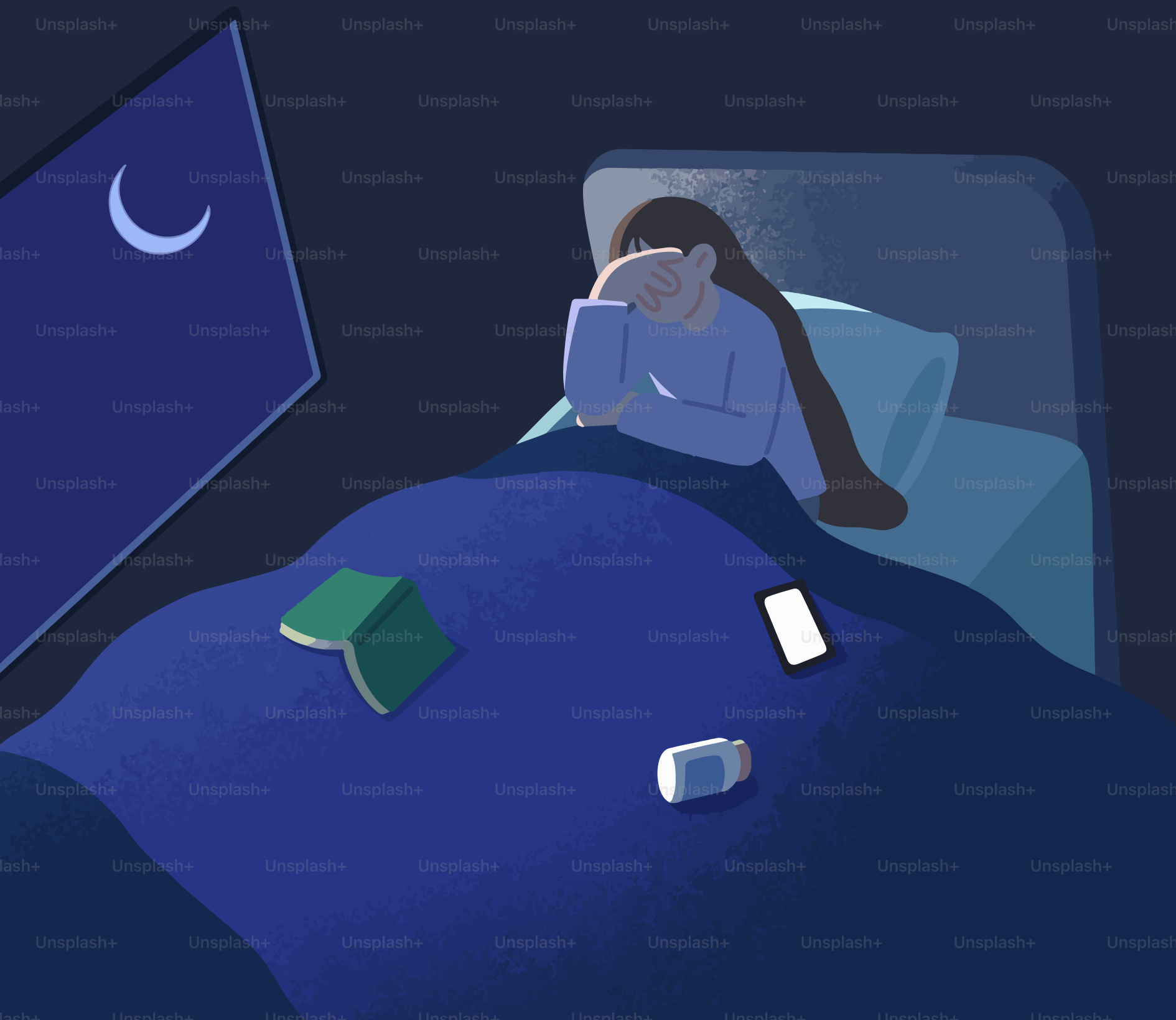 Uma pessoa fica acordada na cama à noite.
