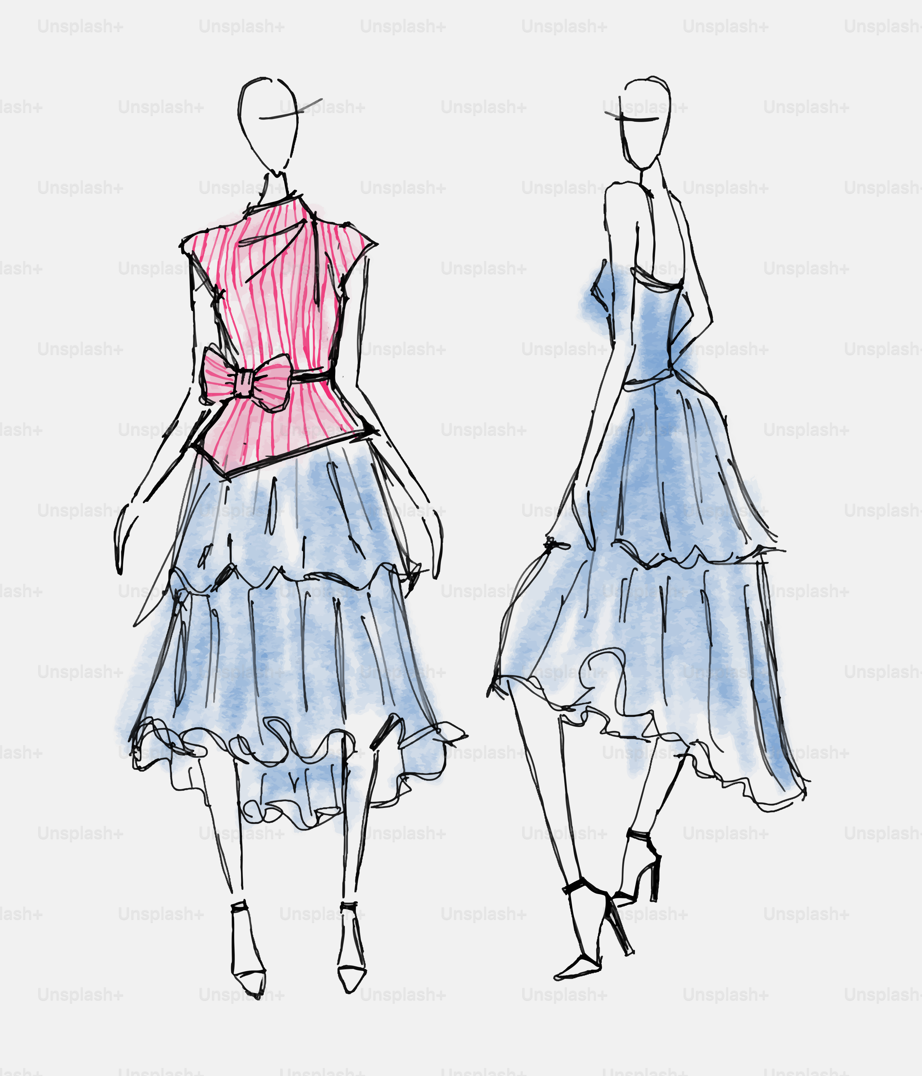 Elegante Aquarell-Modeskizzen von zwei Kleidern.