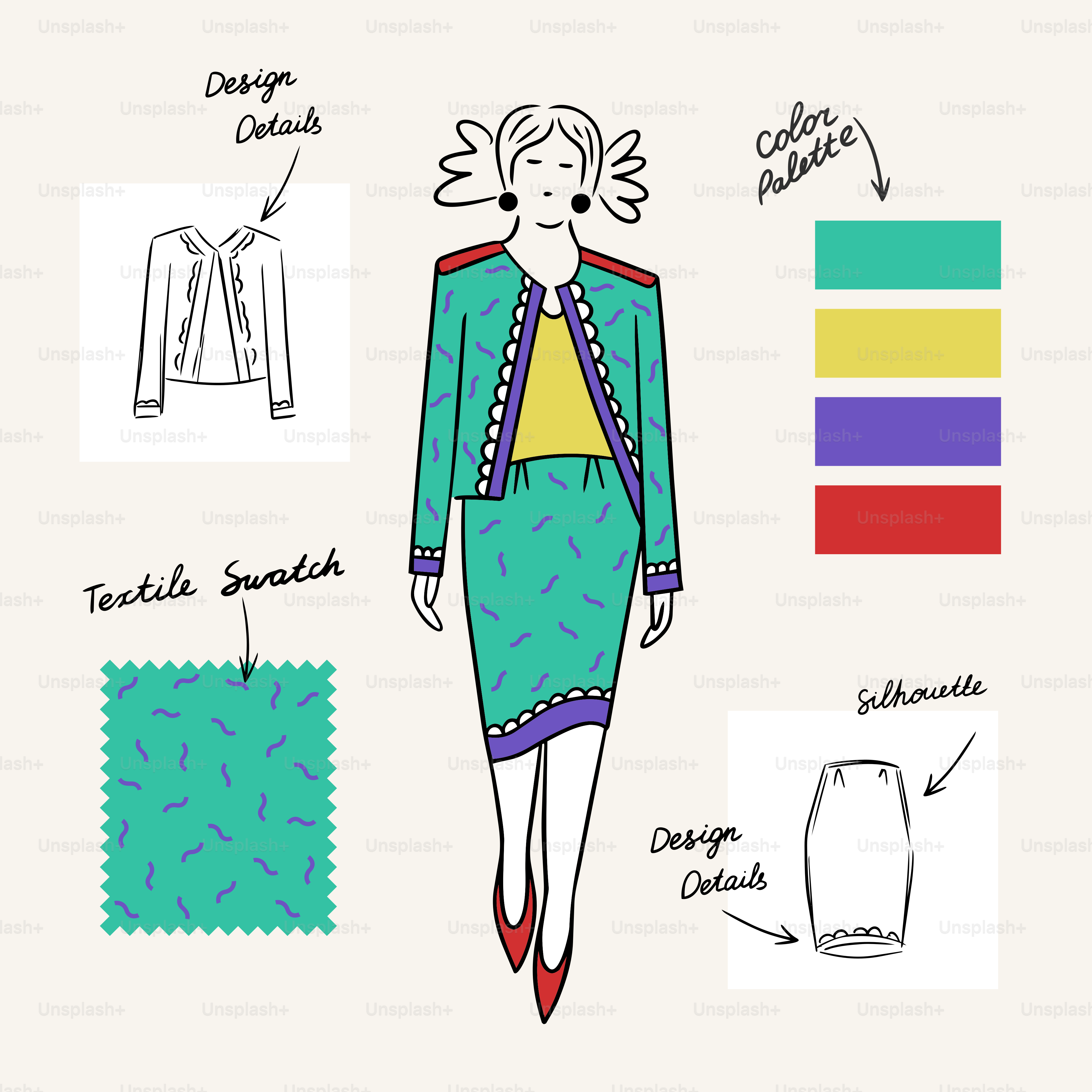 Schizzo di design con modello, tessuto e palette di colori.