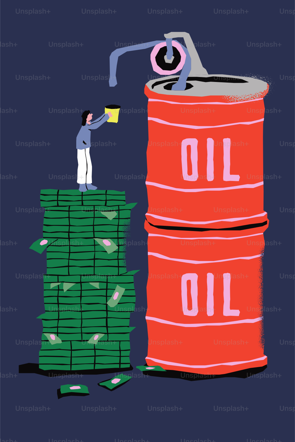Person pours money into a large oil drum.