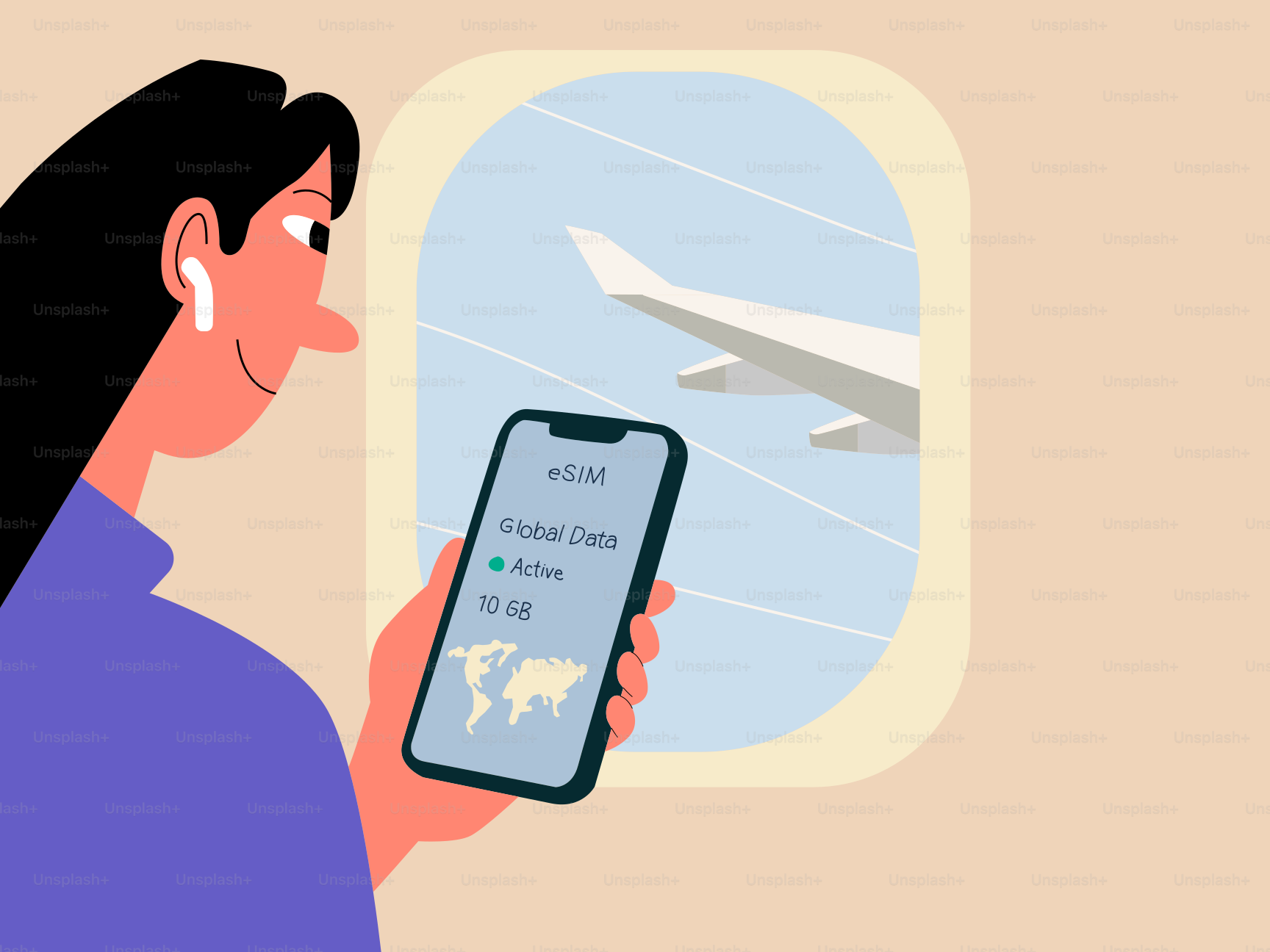 Woman uses phone on airplane with wing visible