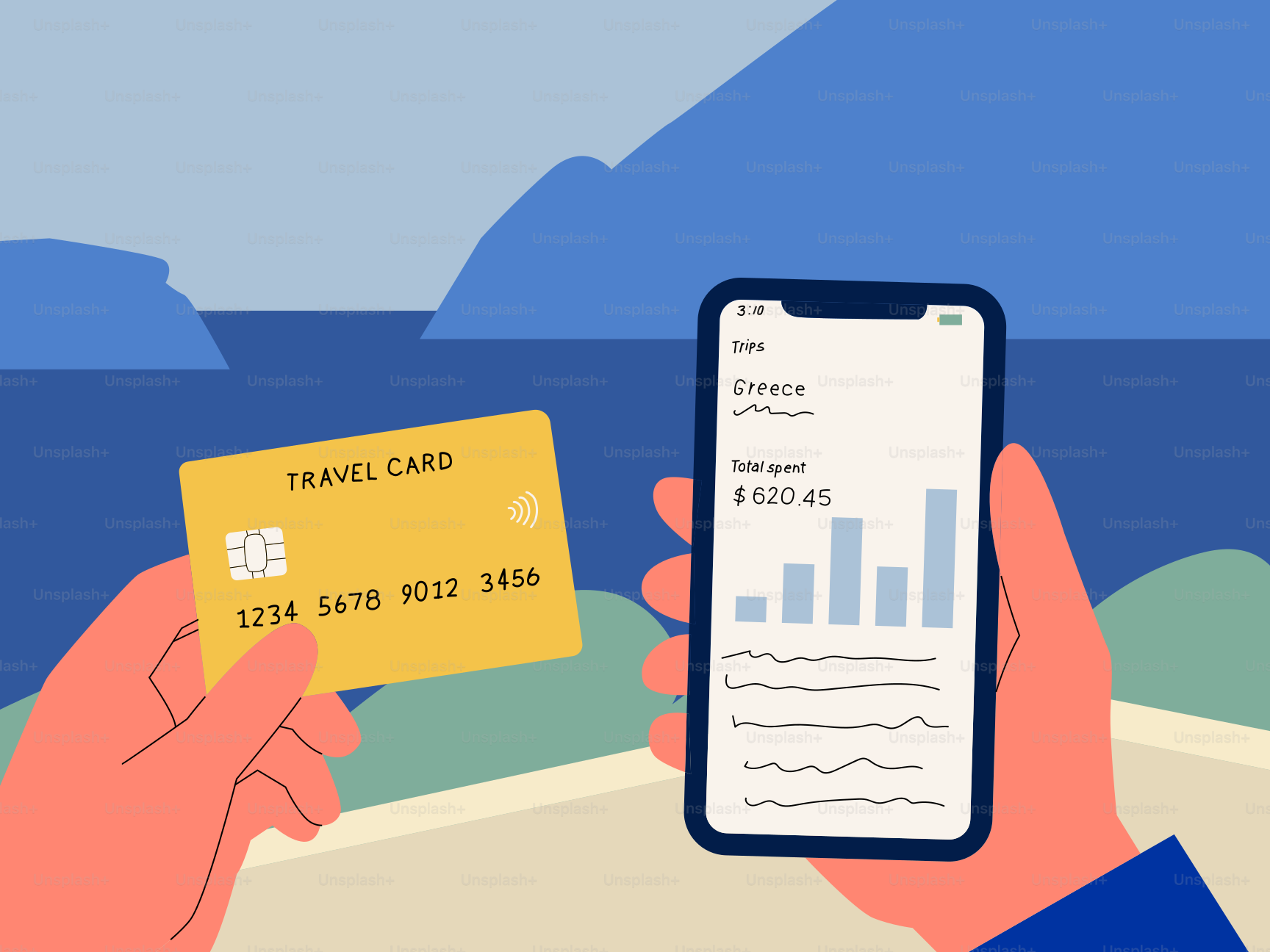 Persona in possesso di carta di viaggio e smartphone con app finanziaria.