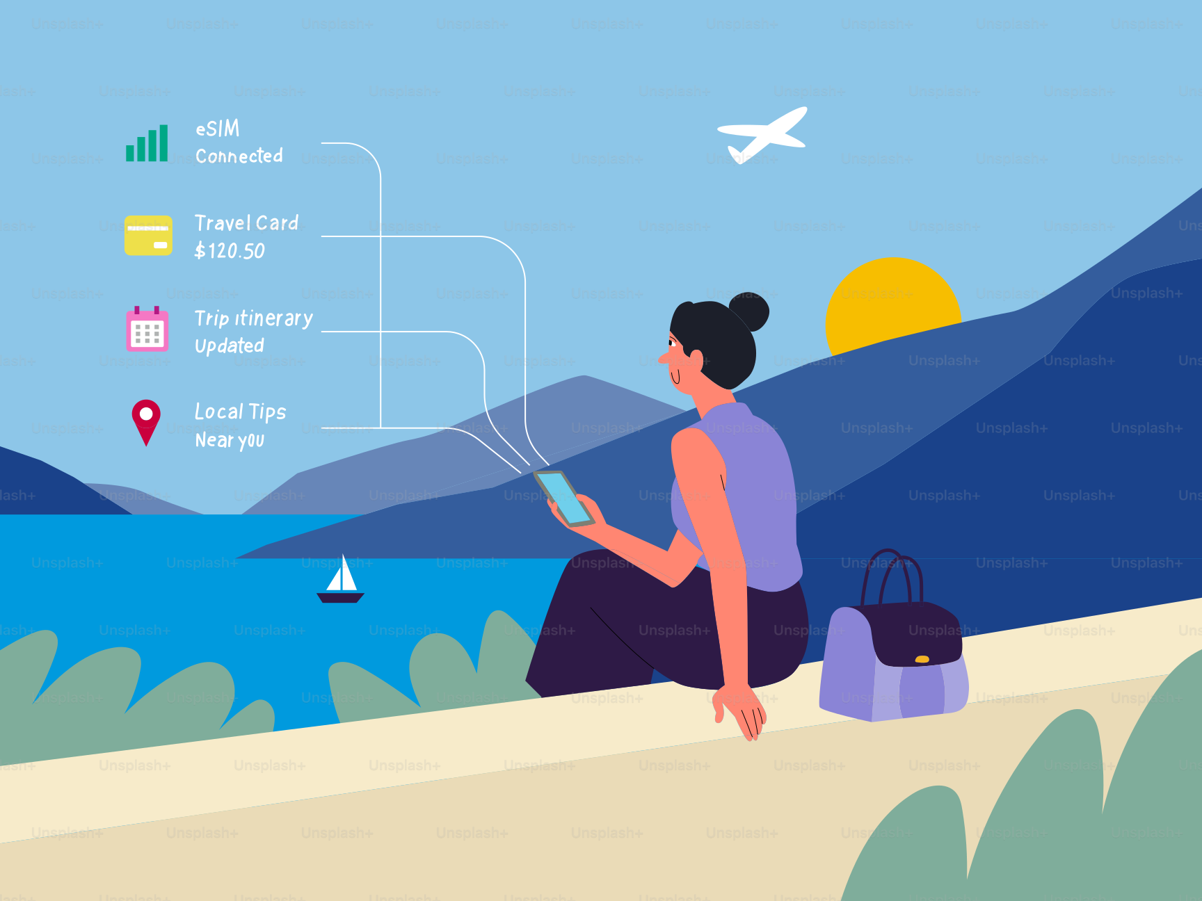 Planification de voyage numérique par une femme surplombant une baie.
