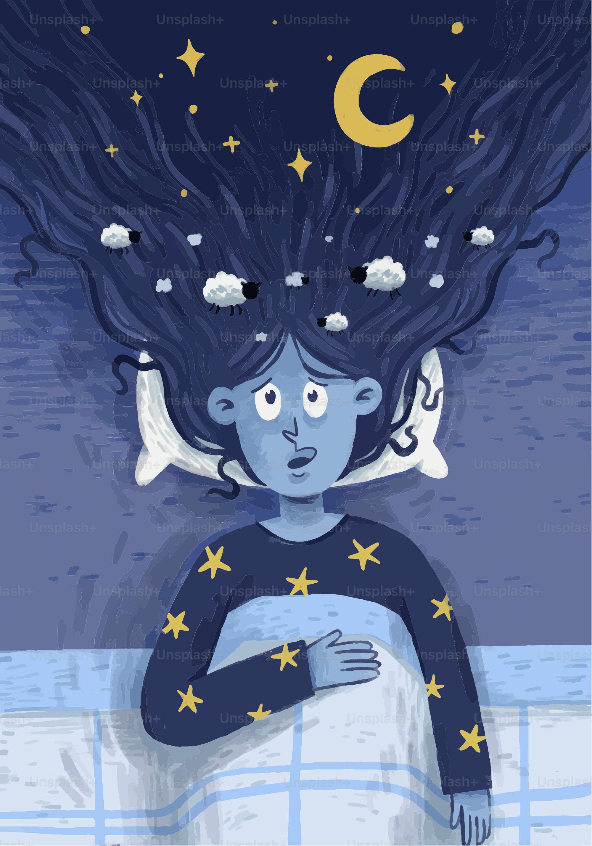 Femme aux longs cheveux comptant les moutons la nuit