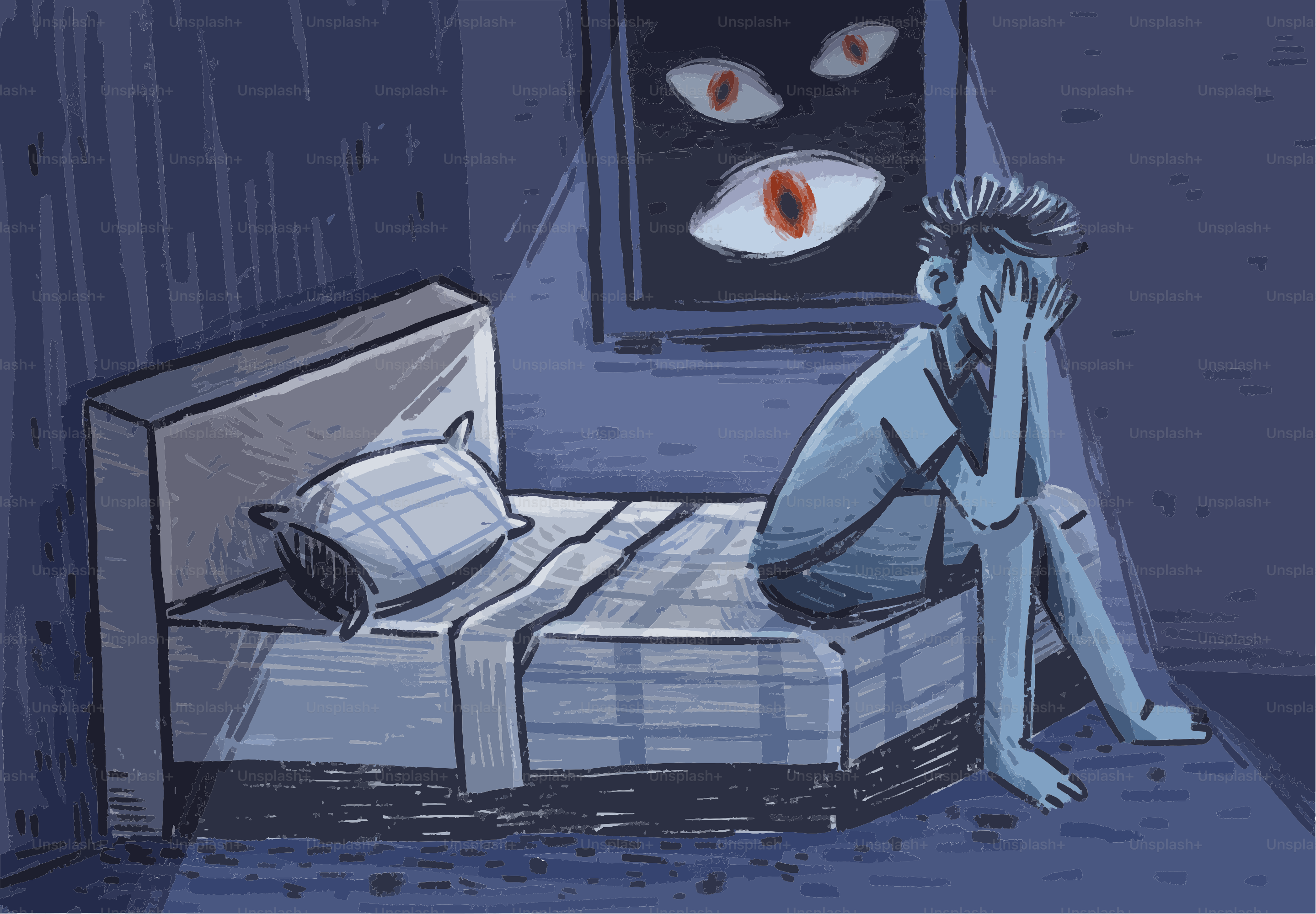 Personne en détresse sur le lit, les yeux rouges observant depuis la fenêtre sombre.