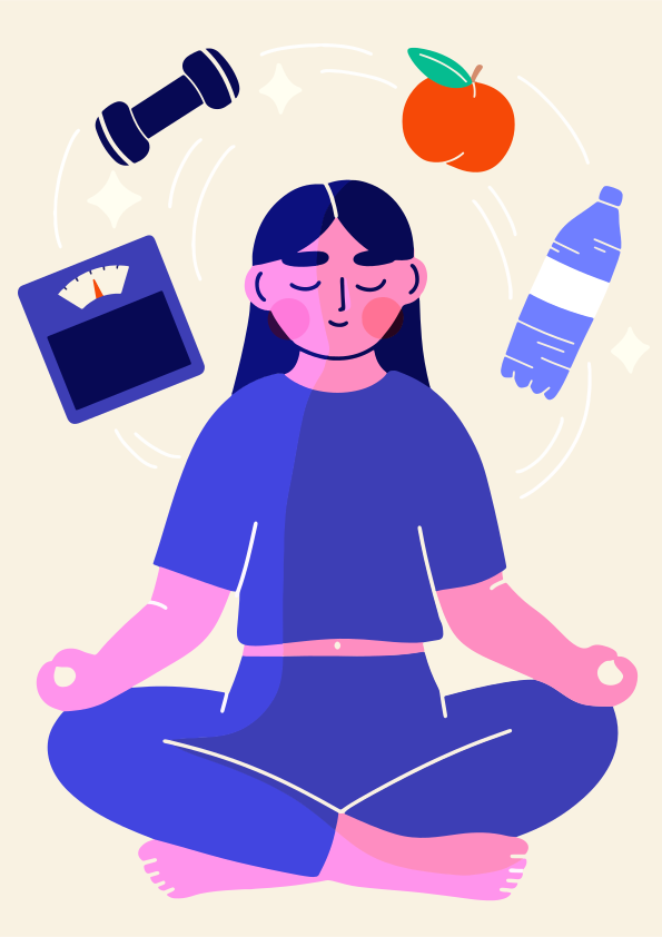 Uma pessoa meditando cercada de itens de saúde e bem-estar