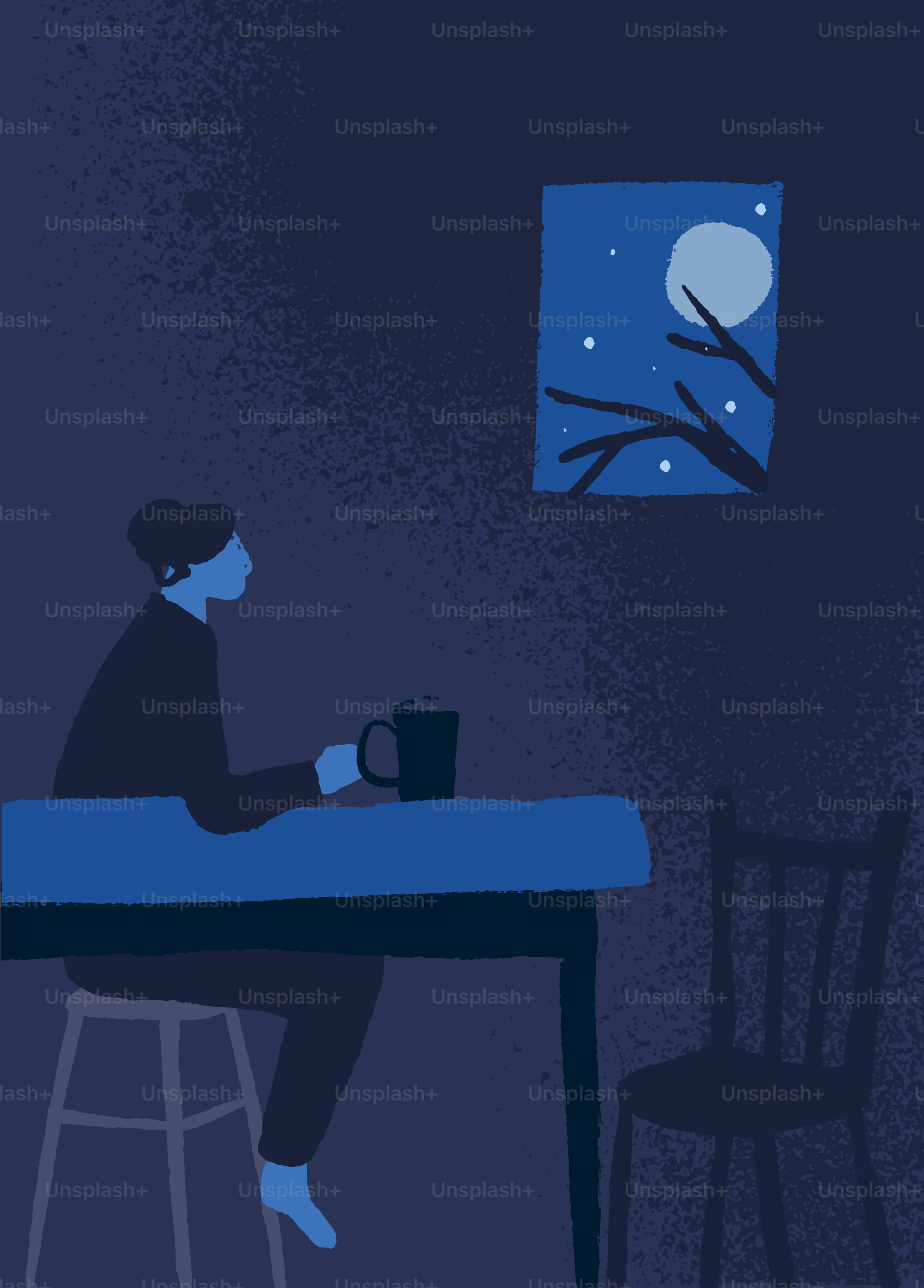 マグカップを持った人が窓越しに月と星を見ている。