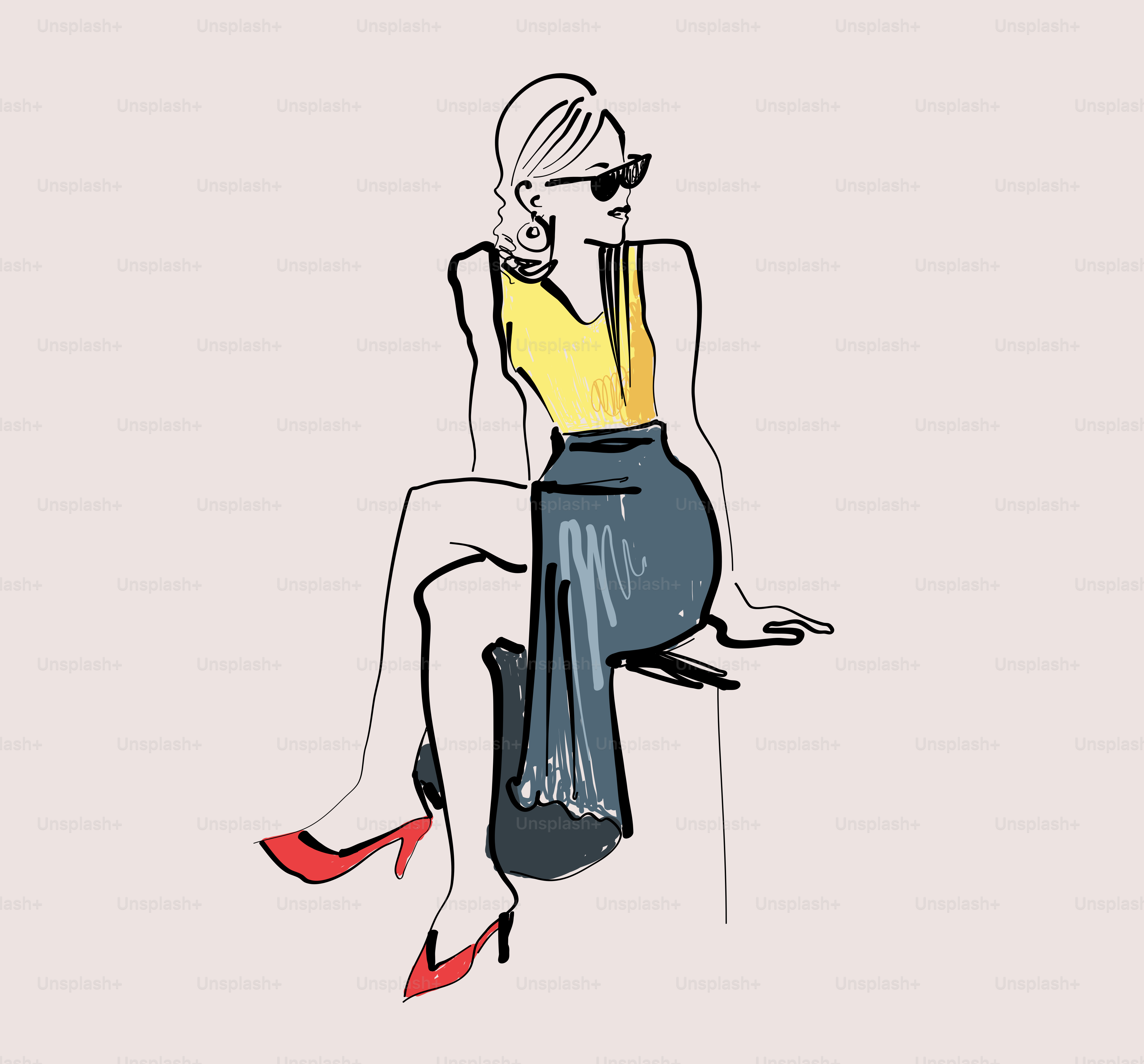 Stylish woman in sunglasses and red heels sitting