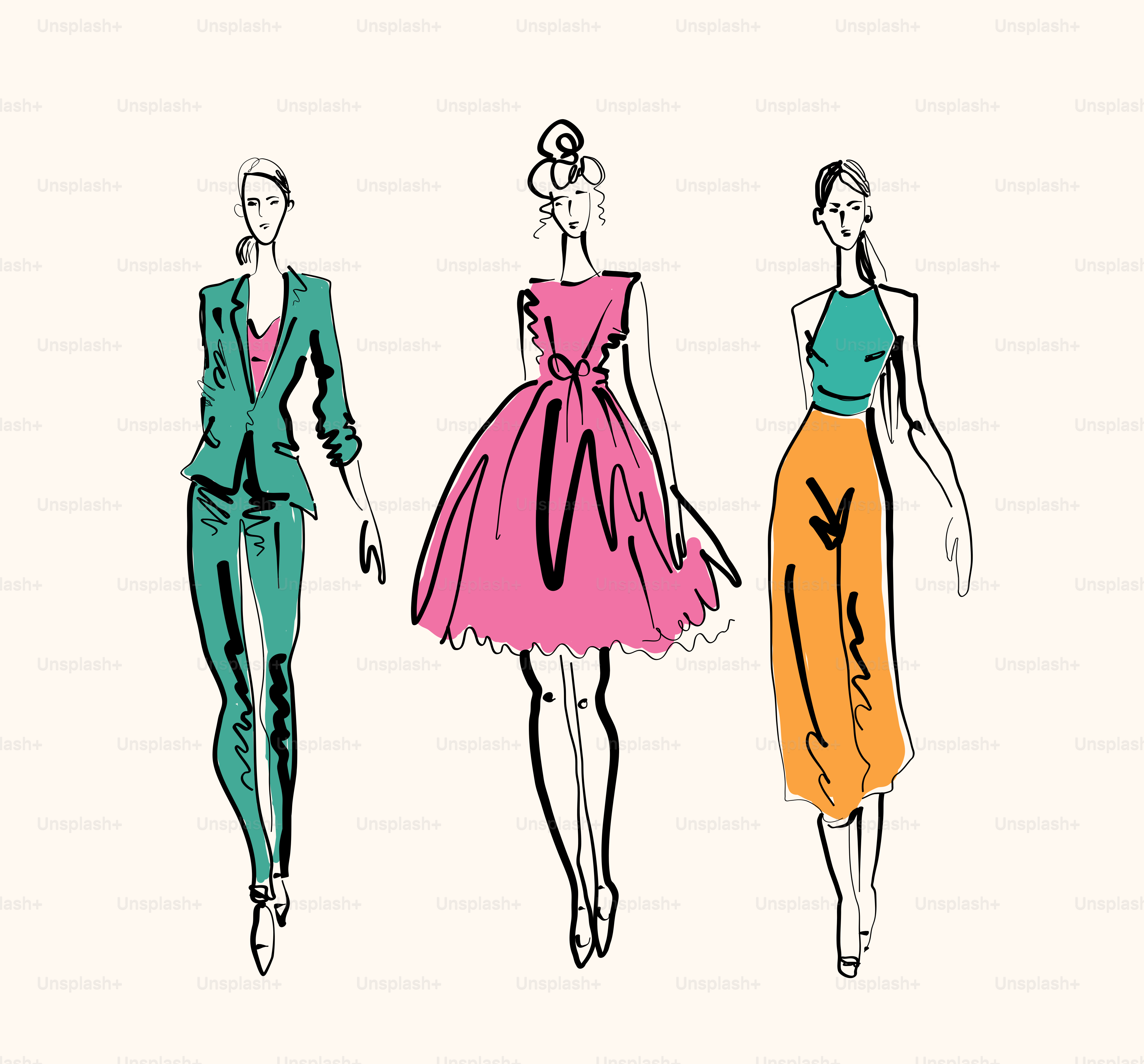 Três ilustrações de moda de mulheres com roupas coloridas.