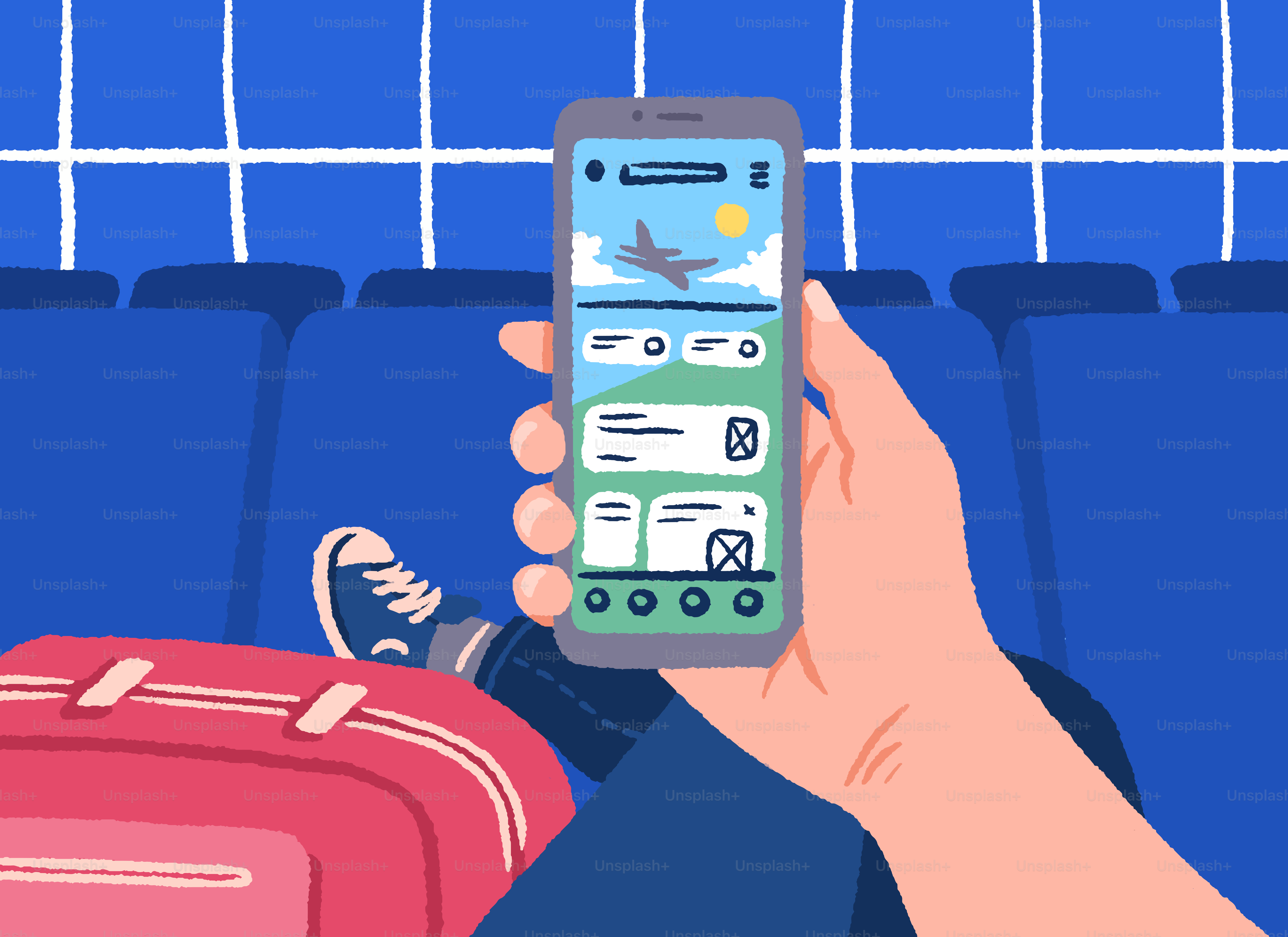 Tenere per mano uno smartphone con app di viaggio, valigia vicina.
