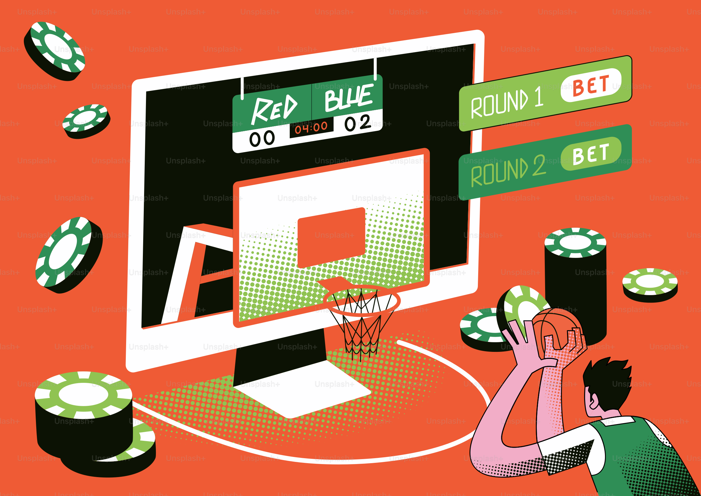 Jogo de basquete com interface de apostas online e fichas de cassino.