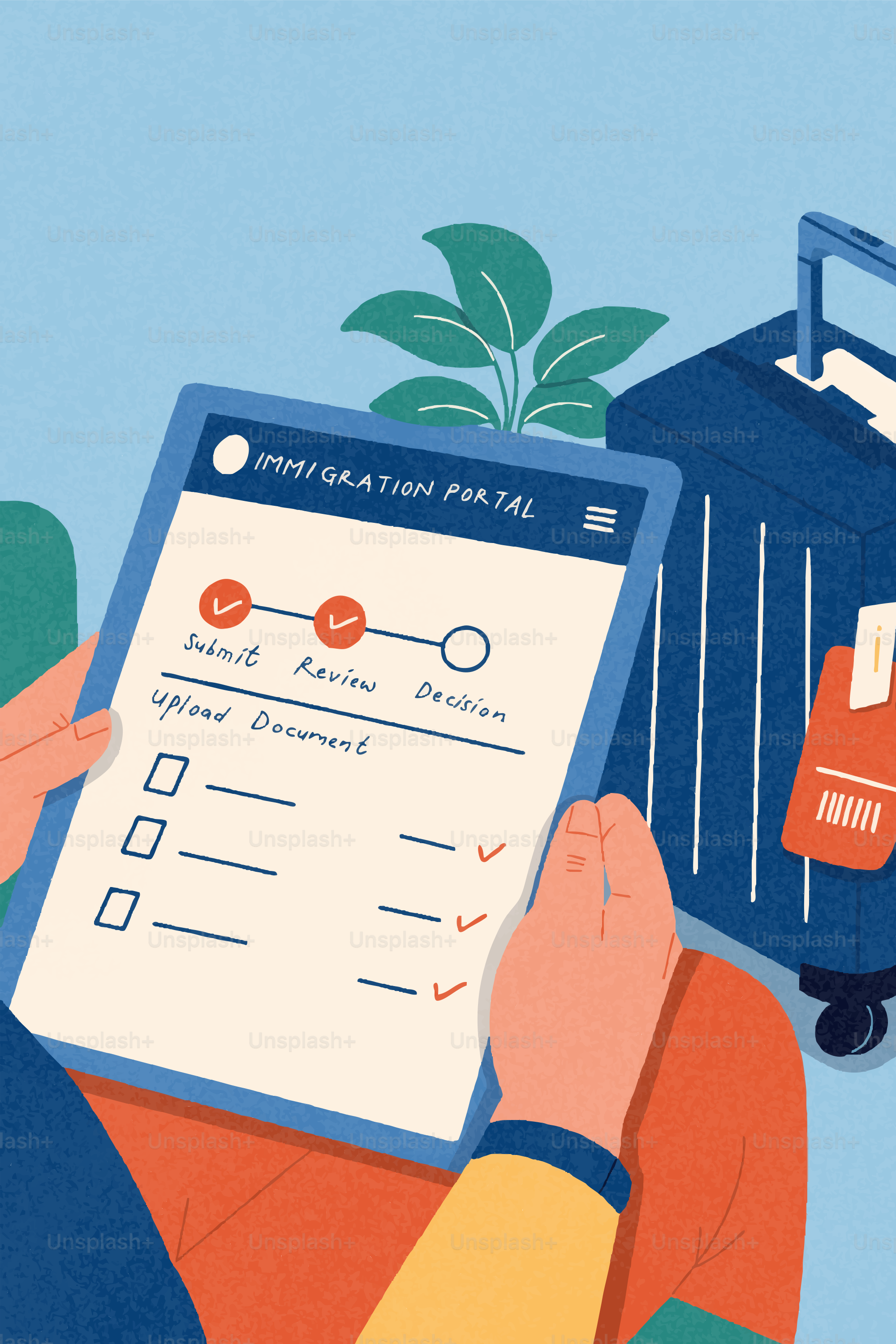 Portal digital de inmigración en una tableta con una maleta cerca.