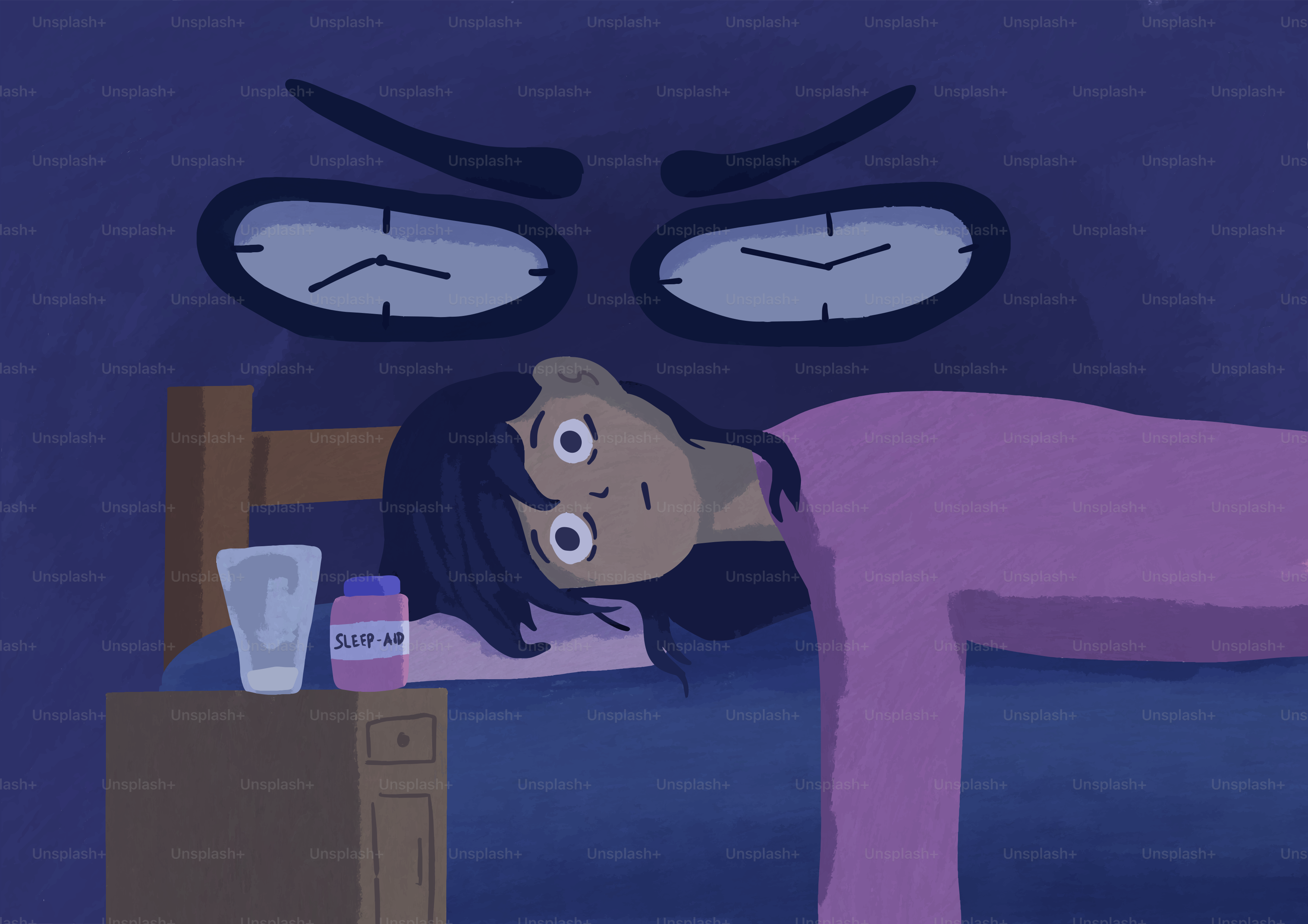 Eine Person liegt wach im Bett, während zwei Uhren zuschauen.