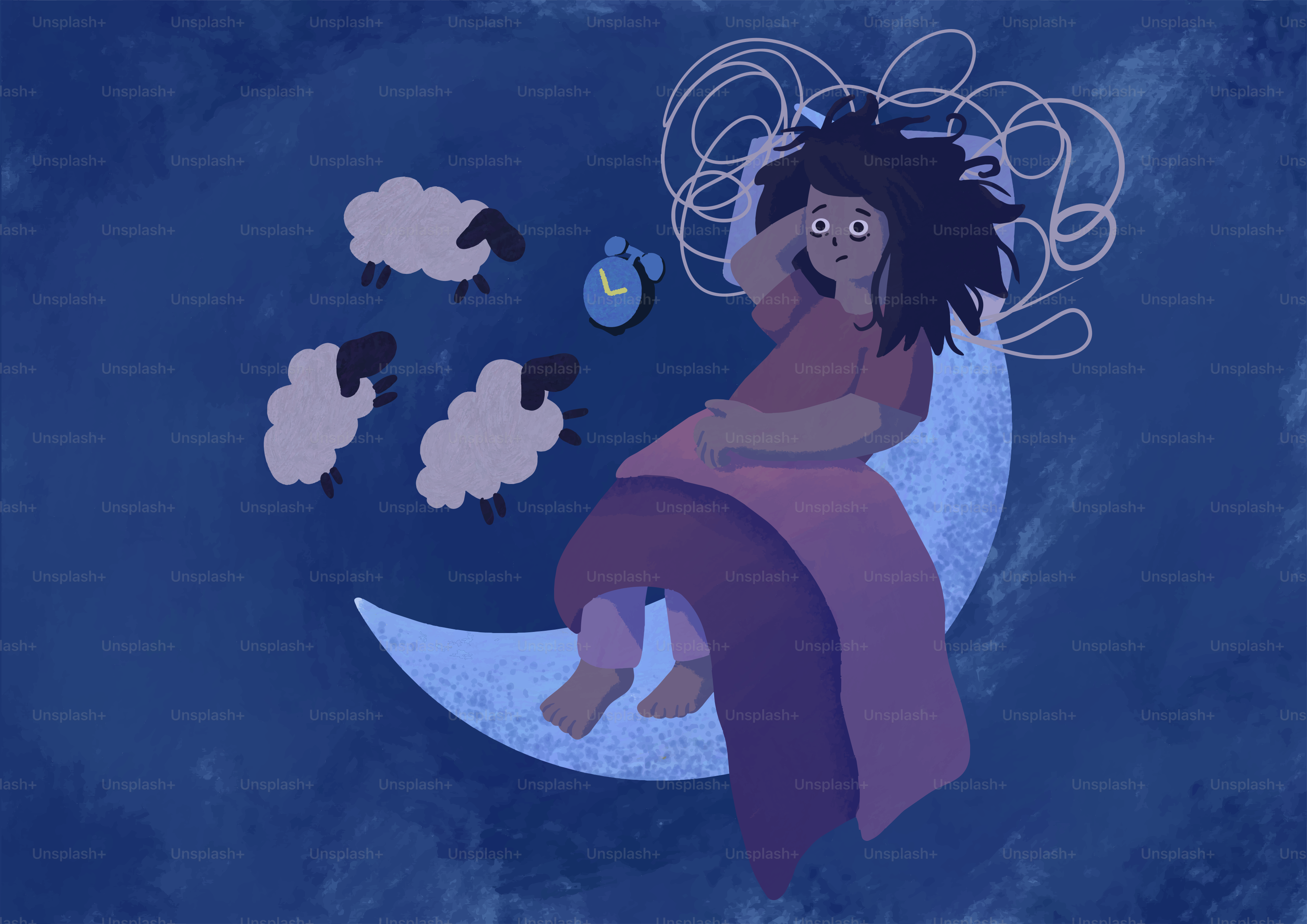Person, die nicht schlafen kann, zählt Schafe unter dem Mond.