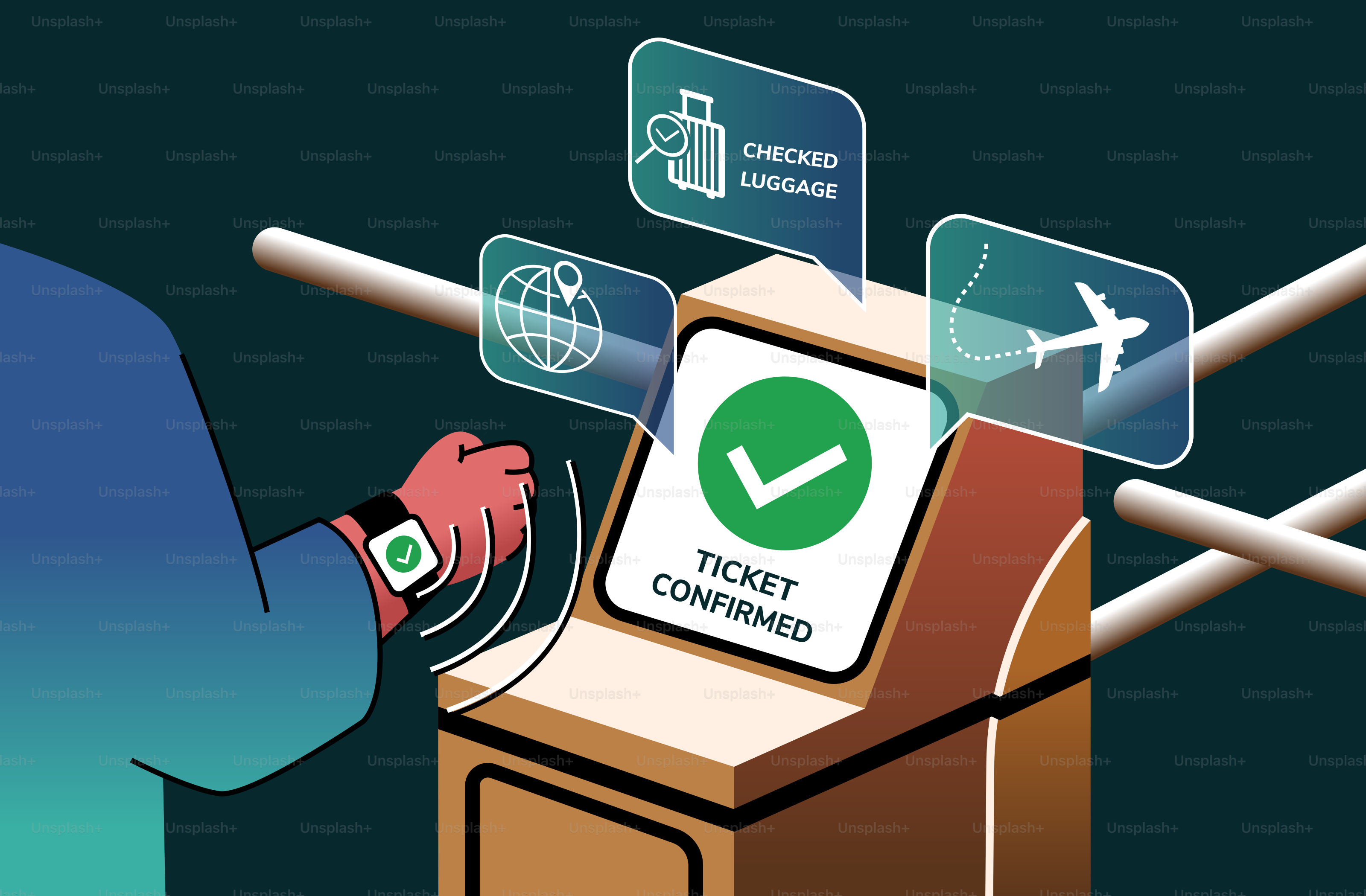 Smartwatch-Nutzer bestätigt das Ticket am Flughafenterminal.