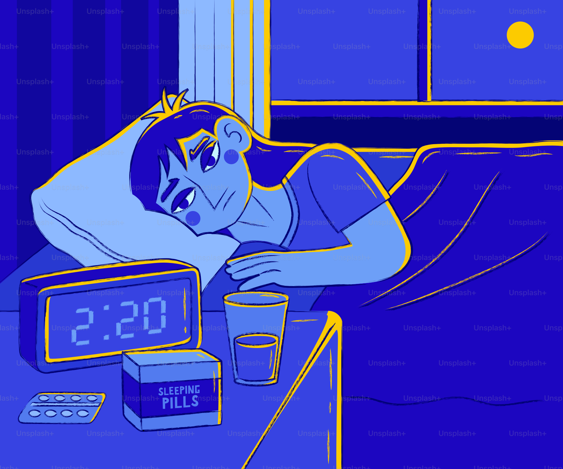 睡眠薬を飲みながらベッドで目を覚ましている女性。