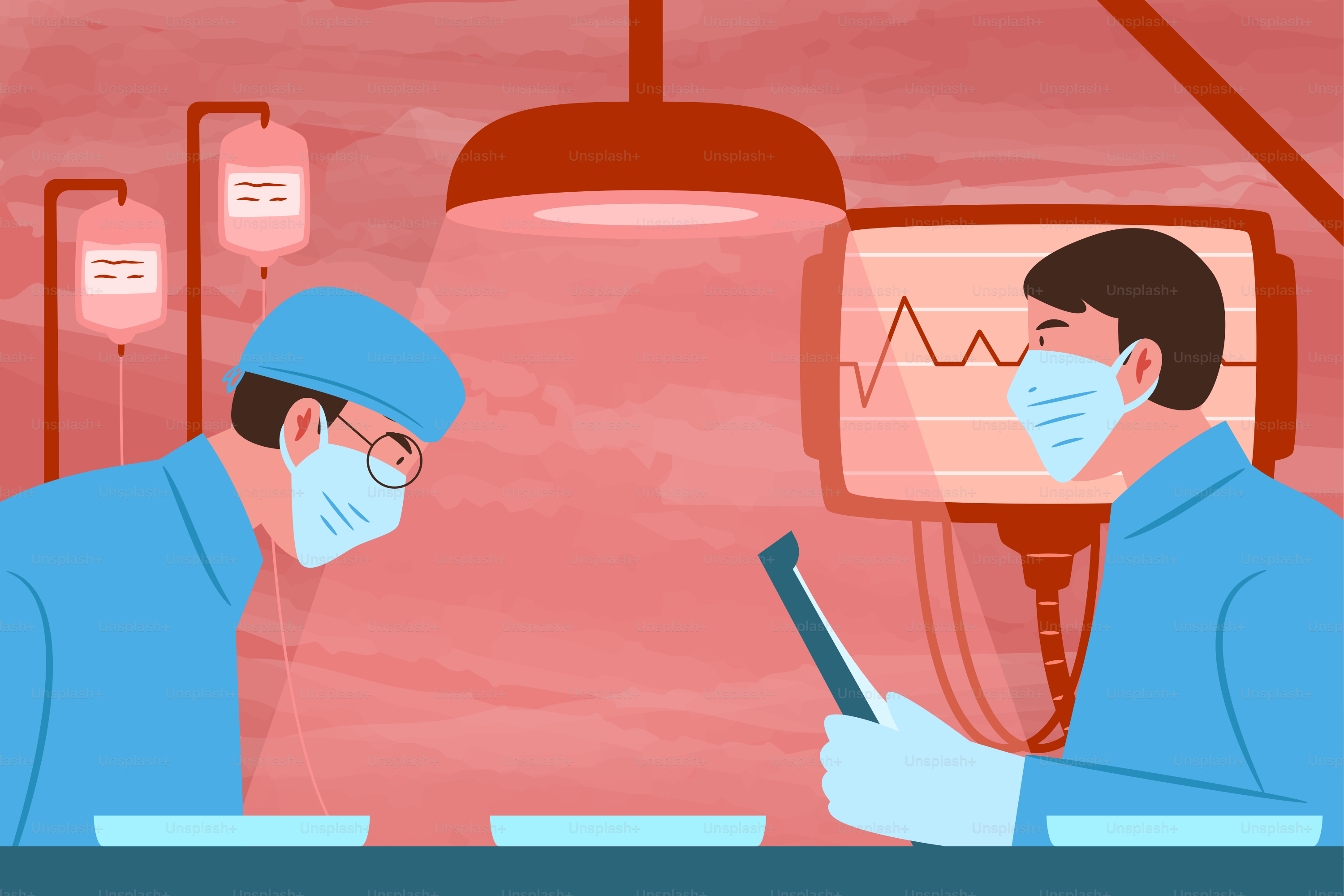 Two masked surgeons performing surgery in an operating room