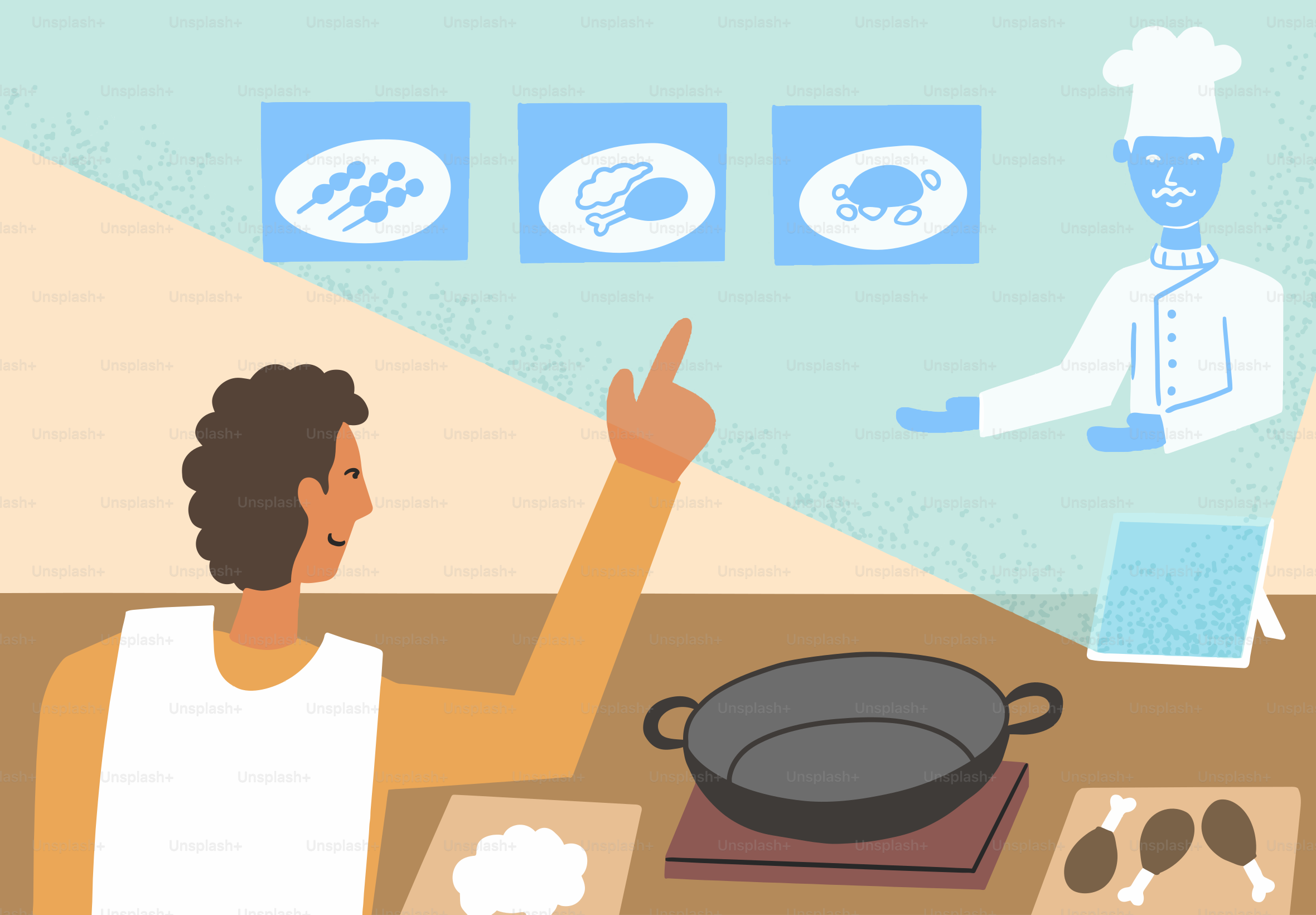 Chef demonstra a culinária com exibição digital de receitas.