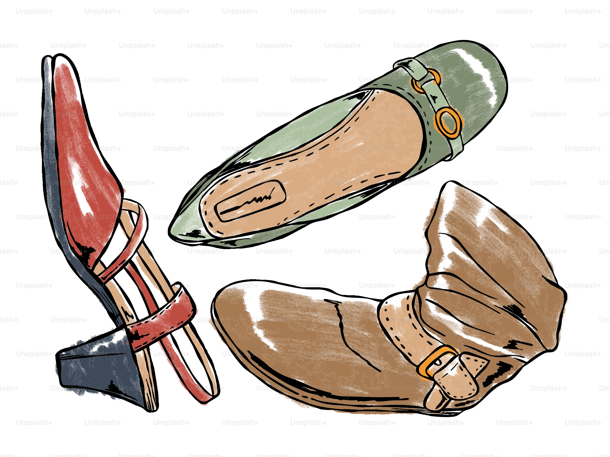 Trois chaussures différentes : sandale rouge, plates vertes, bottes marron.