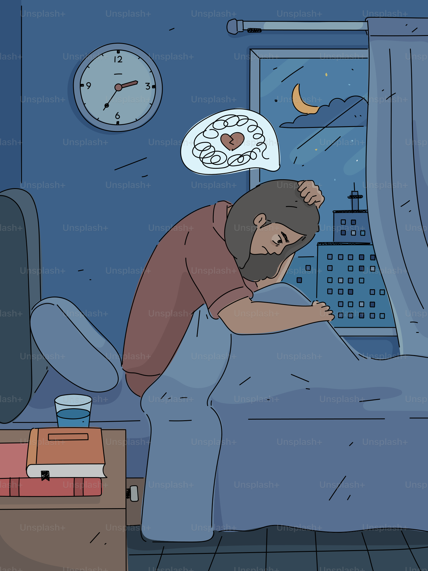 괴로운 사람이 밤에 침대에 앉아 복잡한 생각에 잠겨 있다.