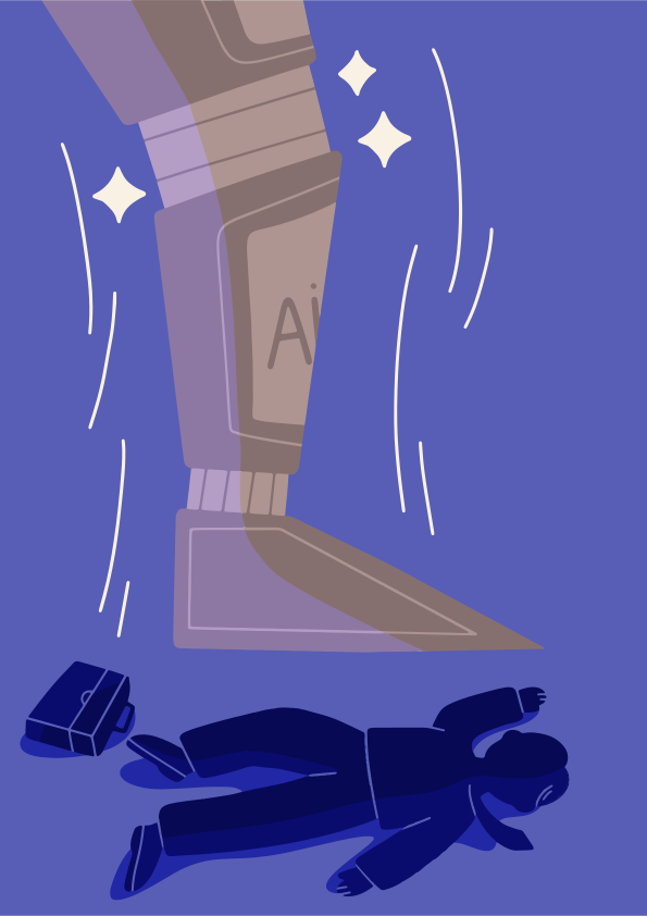 Giant robot leg crushing a businessman on the floor.
