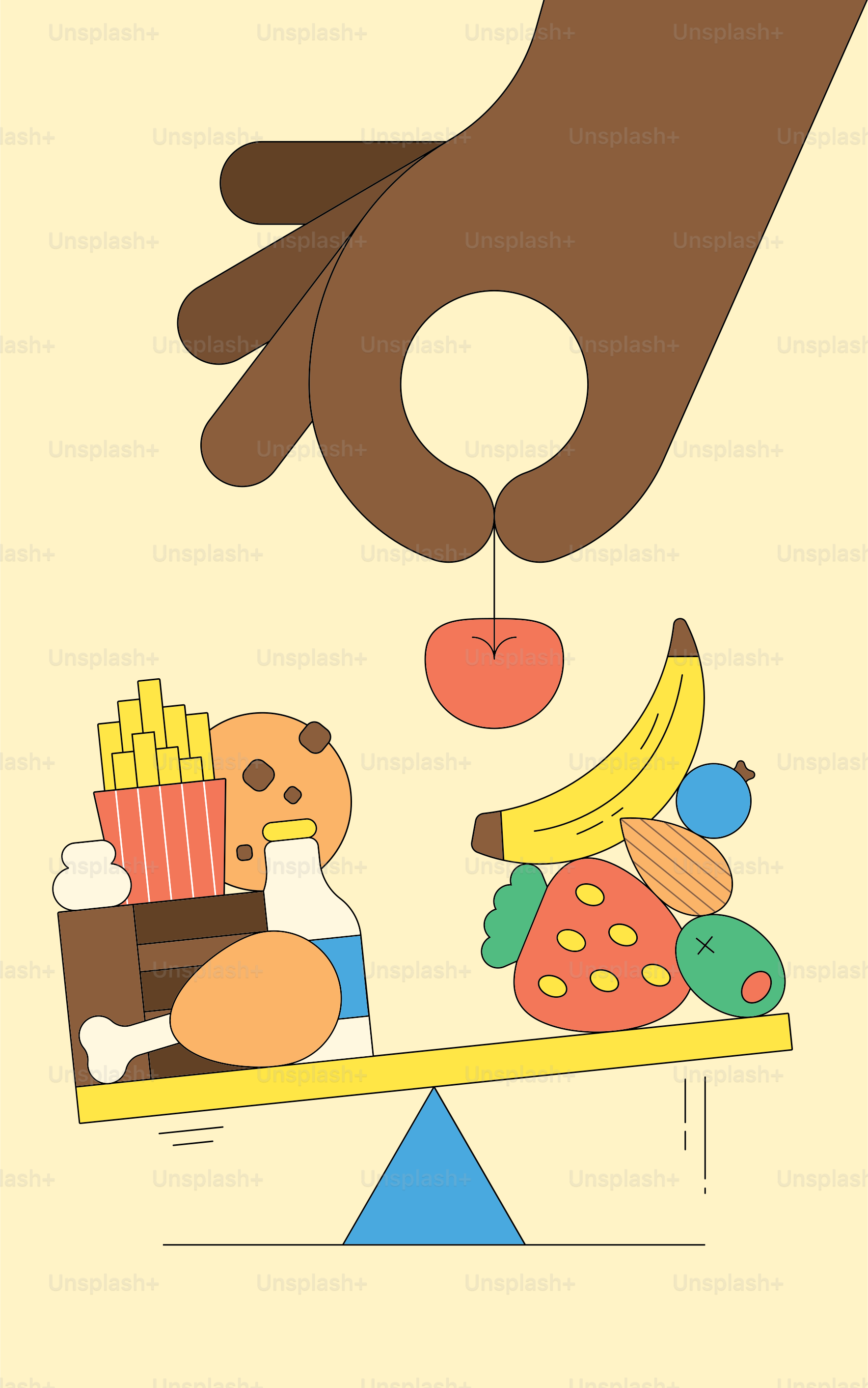 Menyeimbangkan makanan yang tidak sehat dan sehat dengan timbangan.