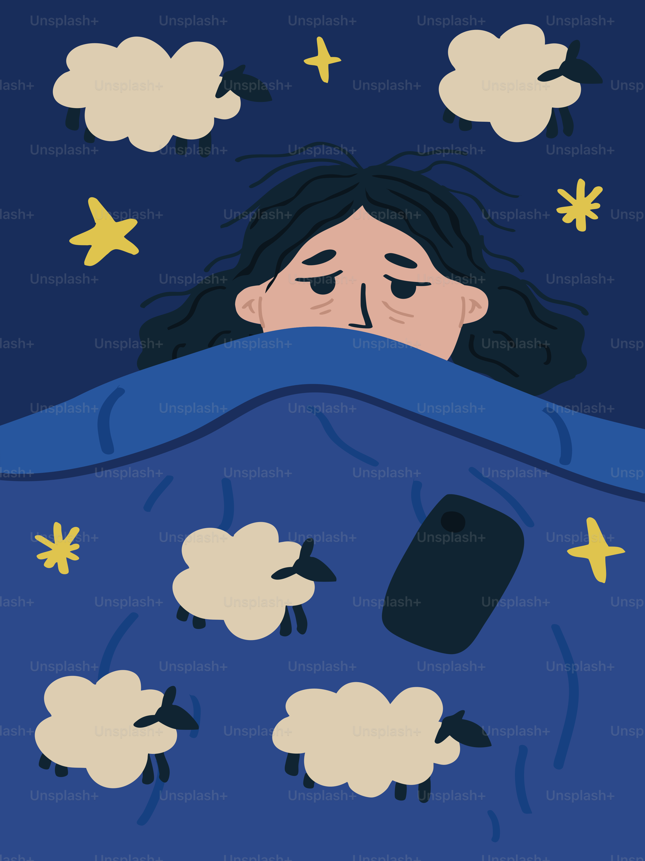 Donna insonne sotto una coperta con pecore e telefono.