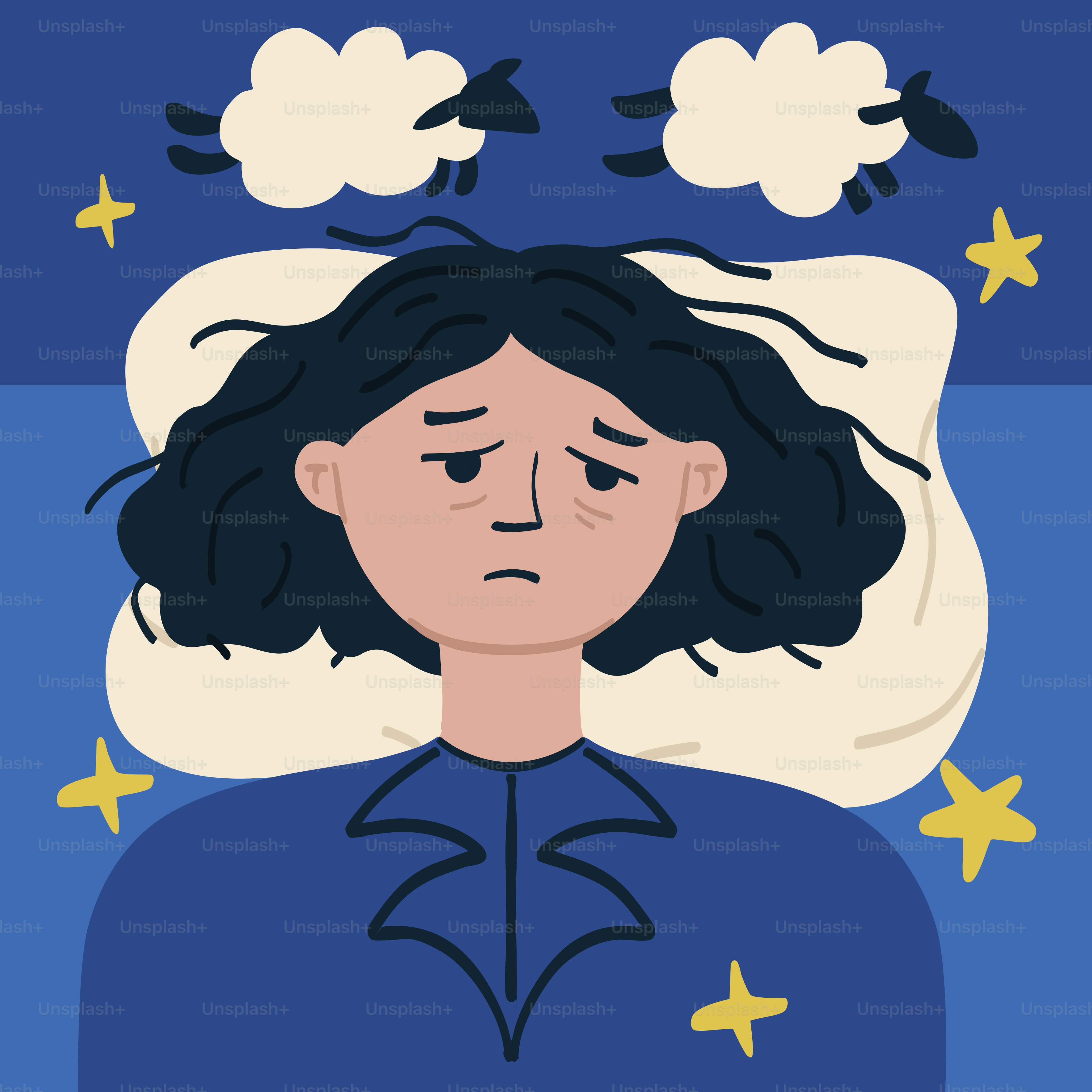 Una donna insonne rimane sveglia, contando le pecore a letto.