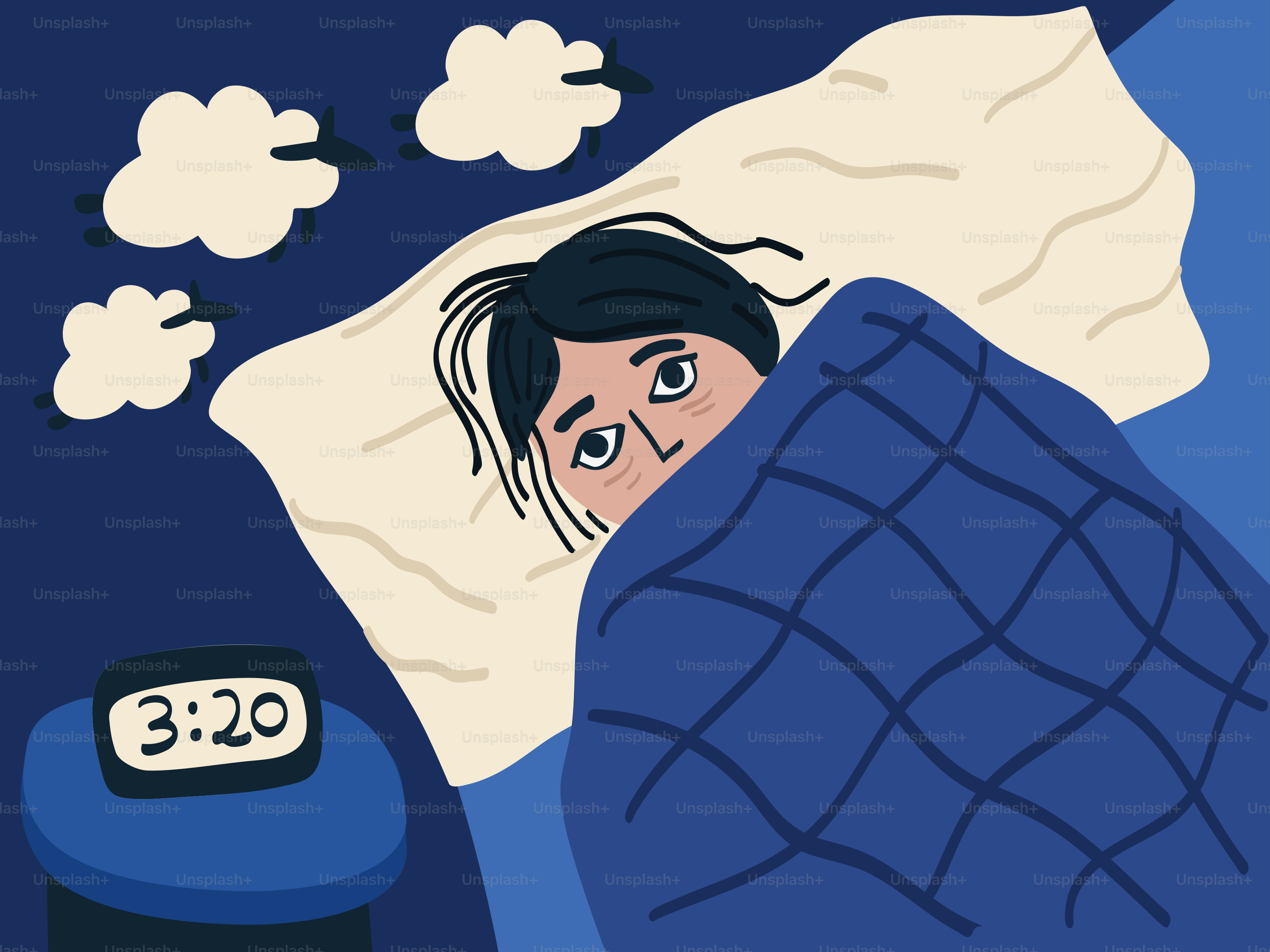Persona sveglia a letto di notte, l'orologio segna le 3:20.