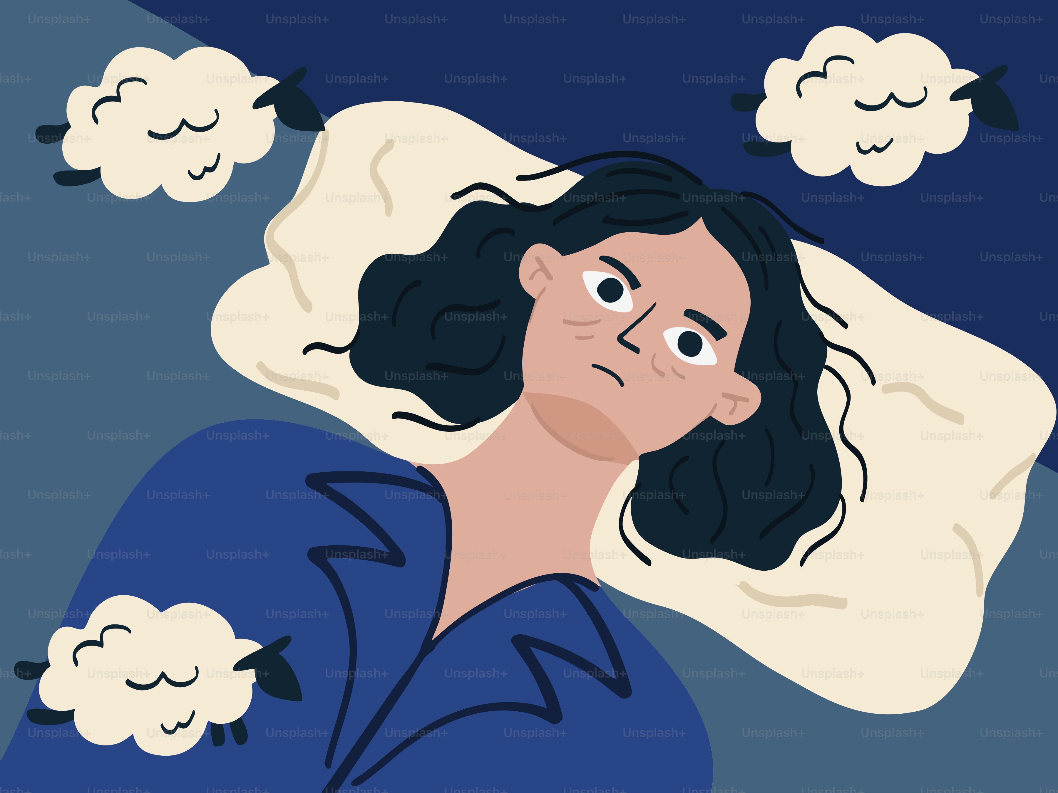 Donna ansiosa sveglia a letto, che conta pecore.