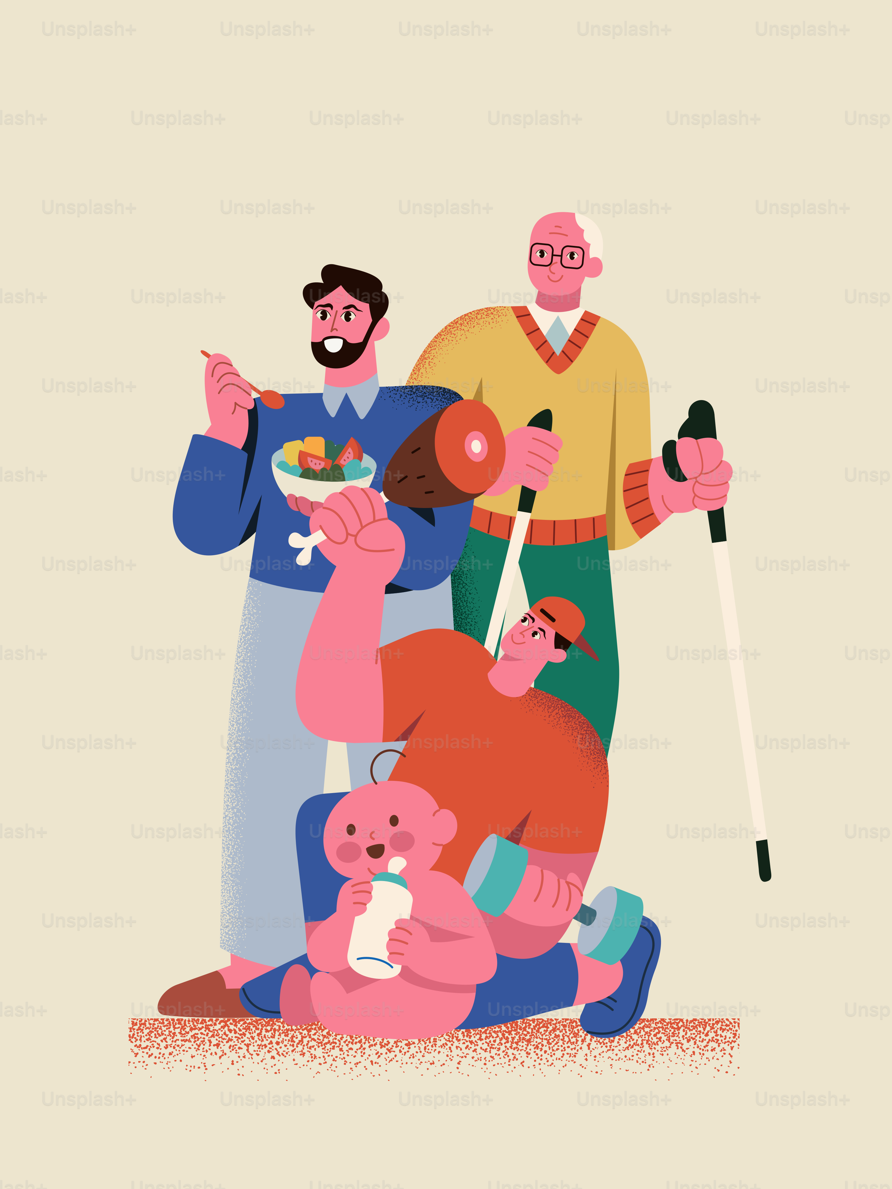 Hommes de différents âges avec divers objets
