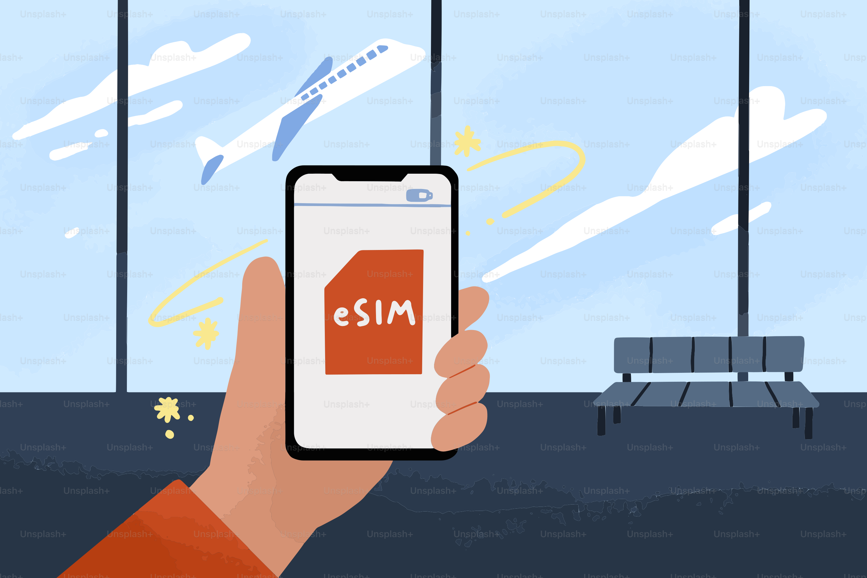 Tangan memegang telepon dengan esim di bandara.