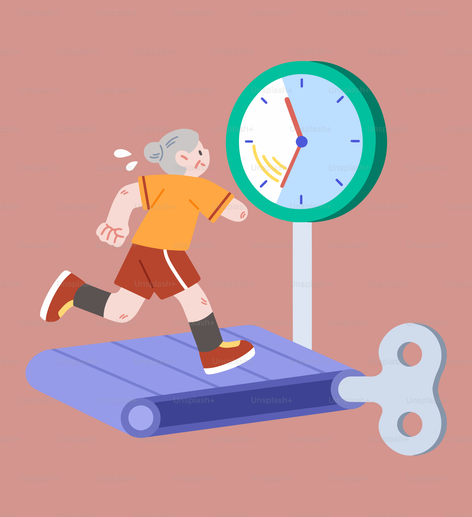 Anziano che corre su un tapis roulant con un orologio.