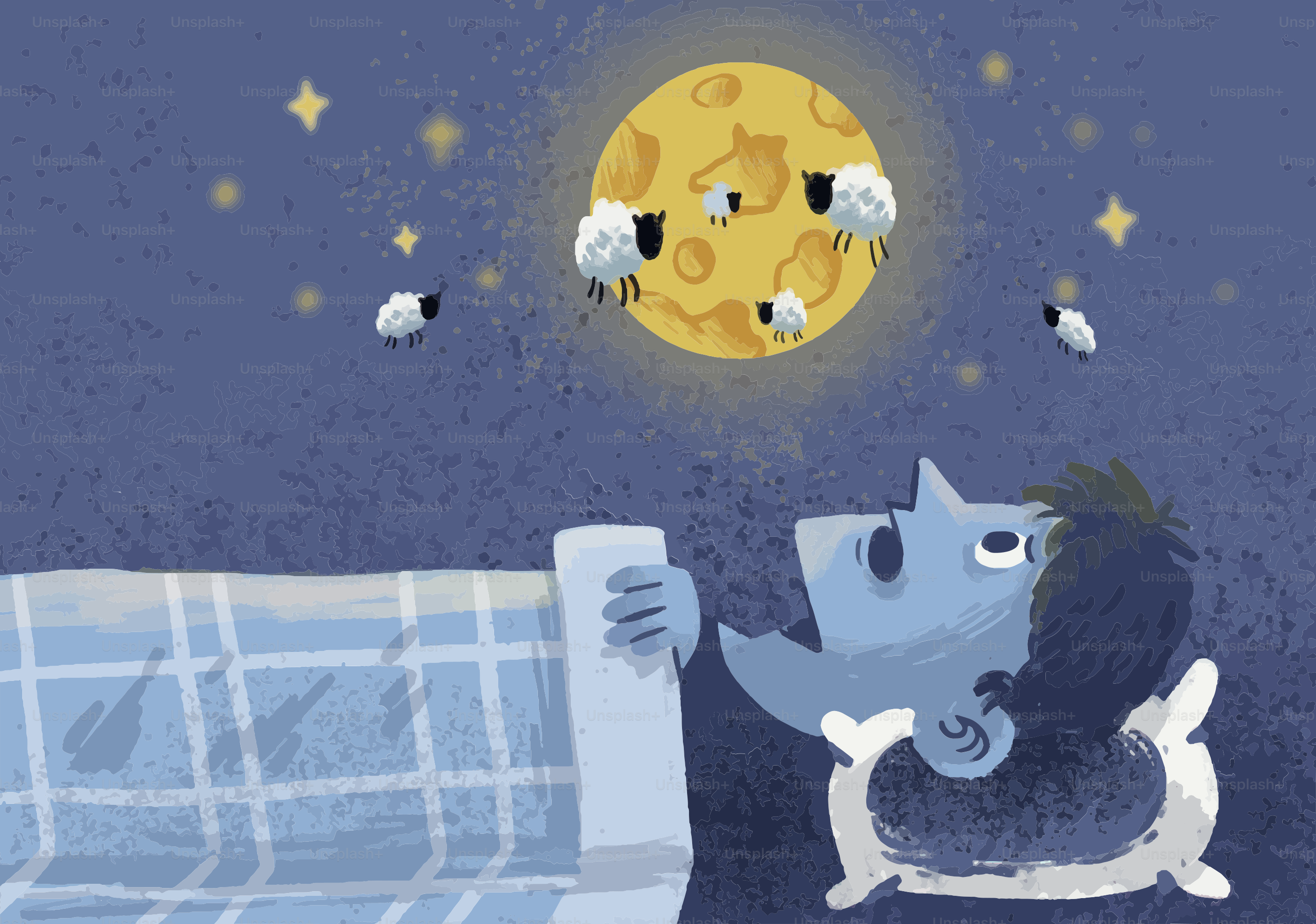 Personne insomniaque qui compte les moutons qui sautent par-dessus la lune.