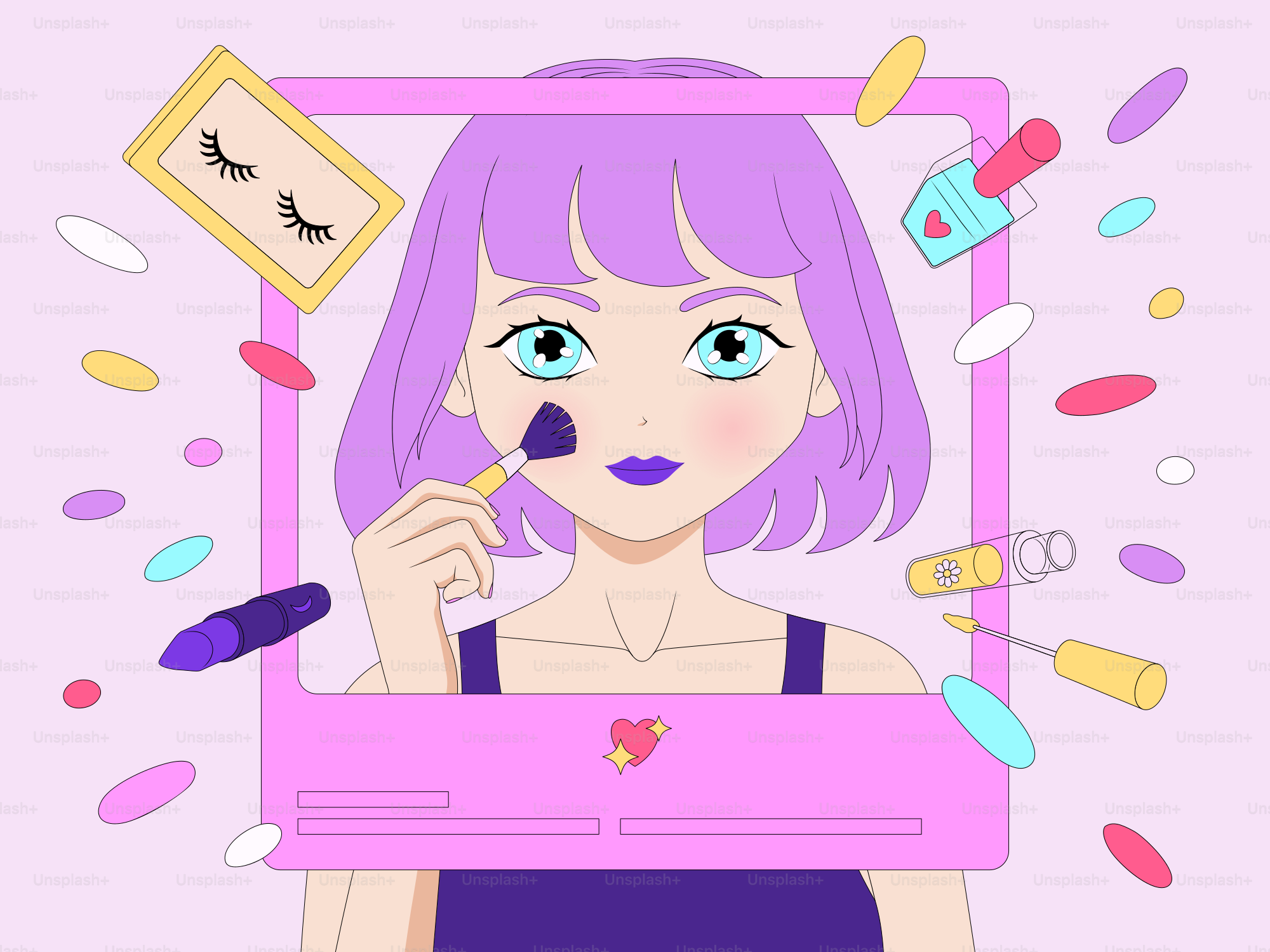 Wanita merias wajah dengan kosmetik warna-warni mengambang di sekitar