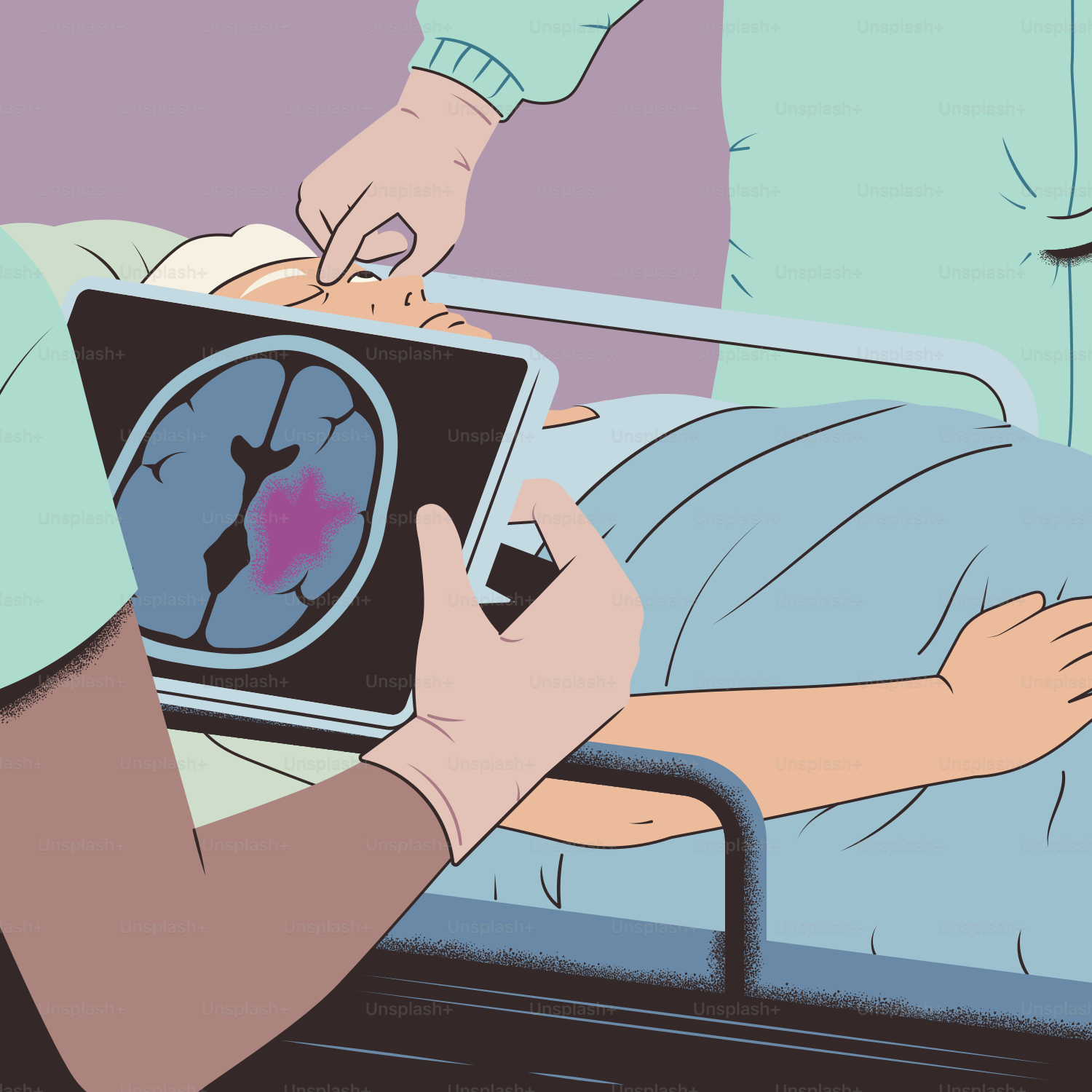 Equipe médica examinando o paciente e a tomografia cerebral para diagnóstico.