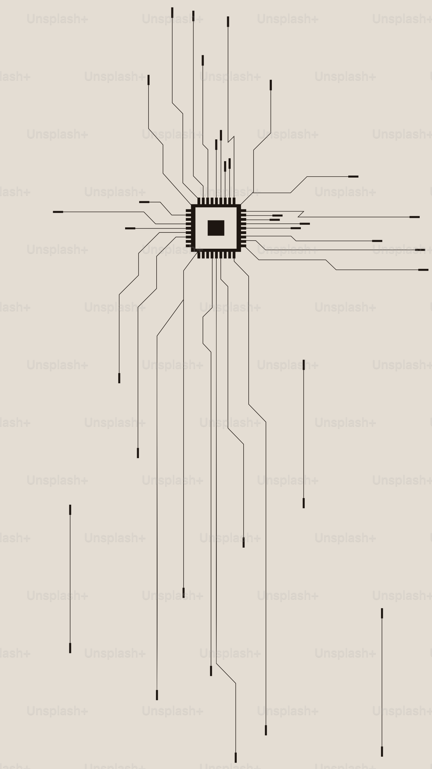 Central microchip with radiating circuit board lines.